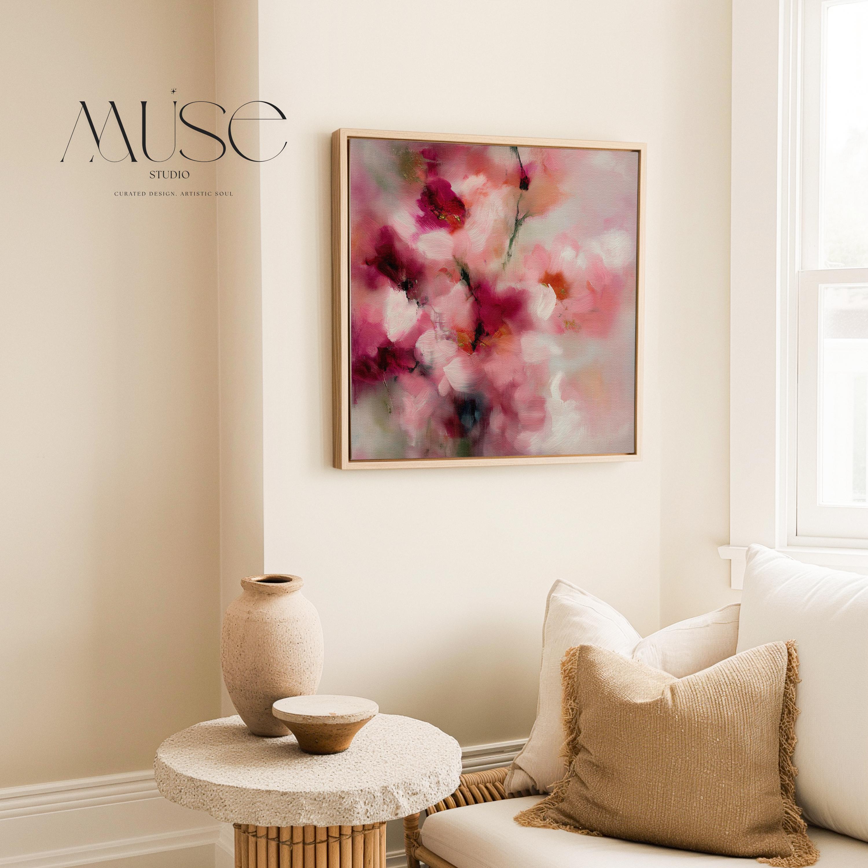 Large square abstract canvas wall art by Muse Studio produced with museum-grade giclée inks on premium gallery-wrapped artist canvas, blending blush pink and berry botanical tones in a romantic designer composition.