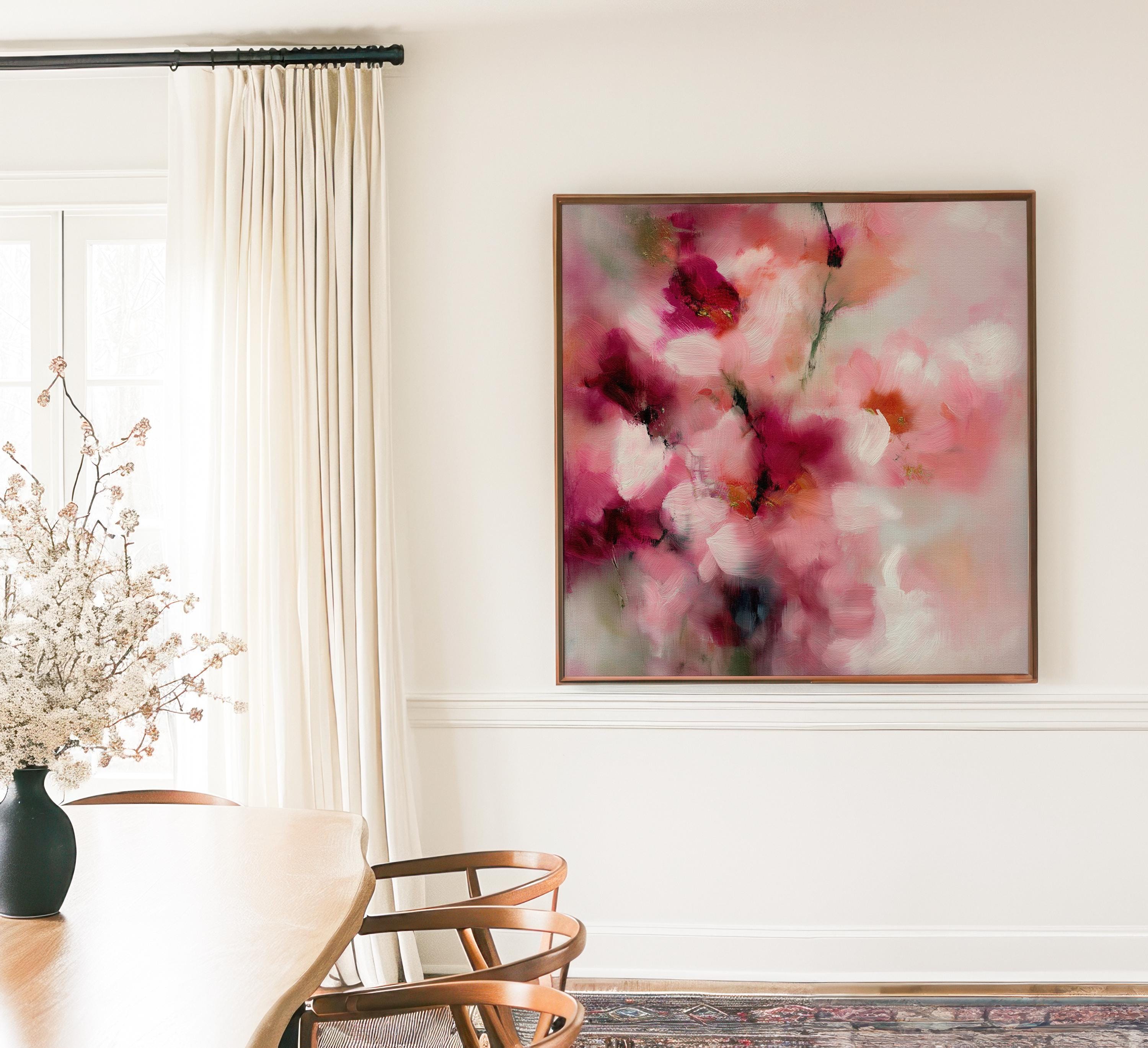 Large square abstract canvas wall art by Muse Studio produced with museum-grade giclée inks on premium gallery-wrapped artist canvas, blending blush pink and berry botanical tones in a romantic designer composition.