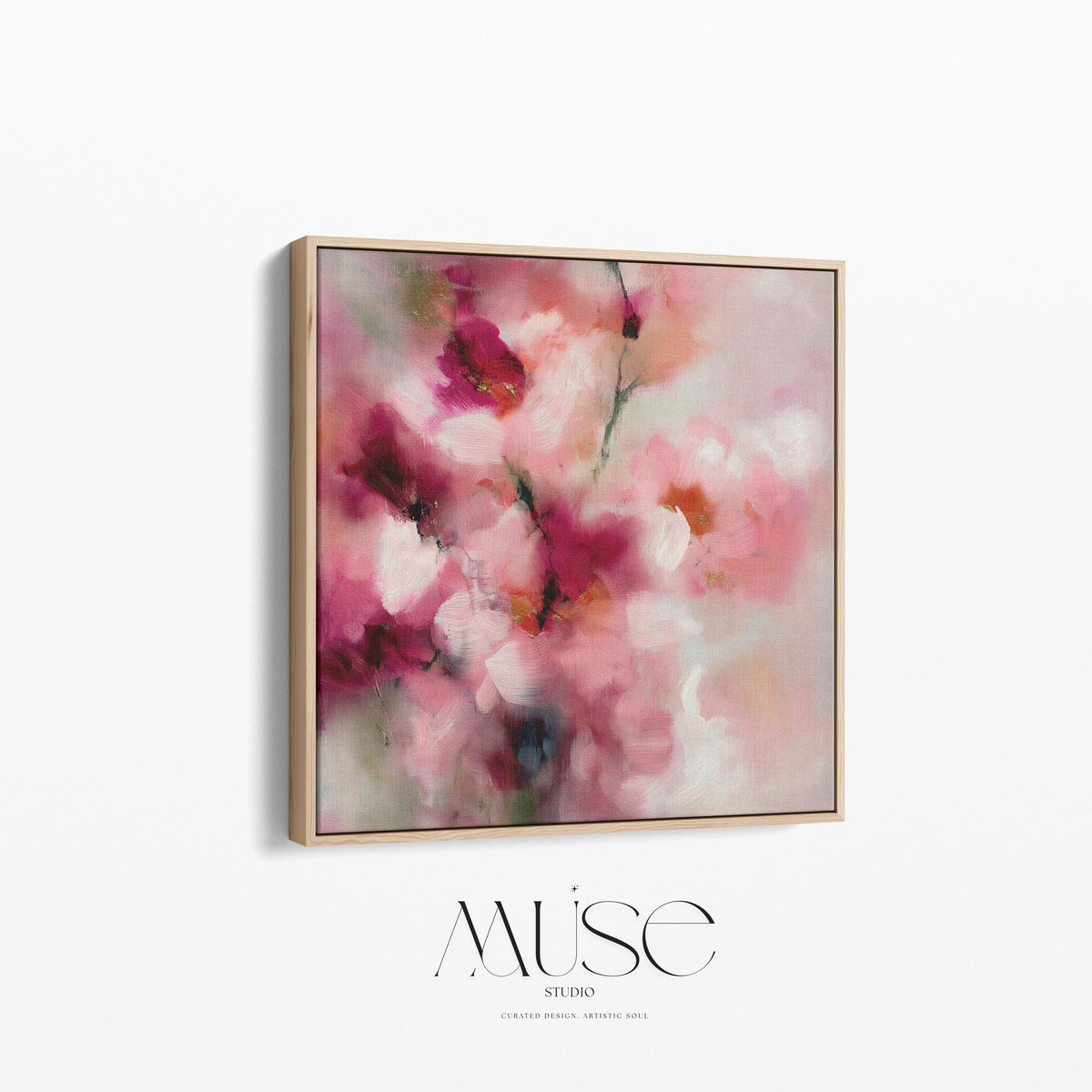 Large square abstract canvas wall art by Muse Studio produced with museum-grade giclée inks on premium gallery-wrapped artist canvas, blending blush pink and berry botanical tones in a romantic designer composition.