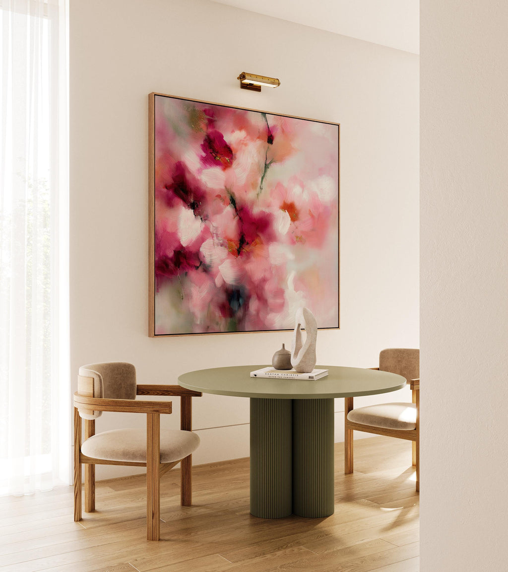 Large square abstract canvas wall art by Muse Studio produced with museum-grade giclée inks on premium gallery-wrapped artist canvas, blending blush pink and berry botanical tones in a romantic designer composition.