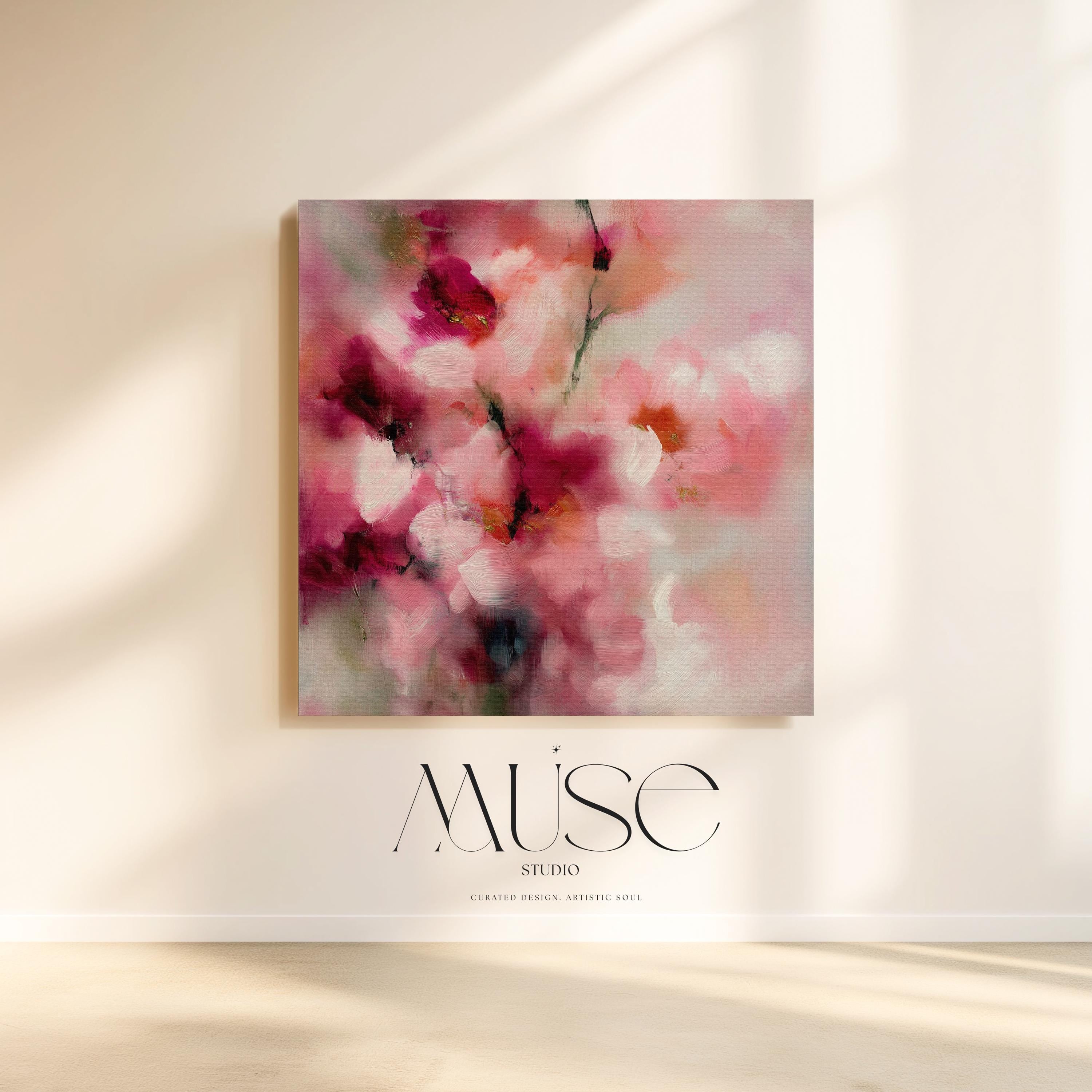 Large Floral Abstract Framed Canvas Wall Art · Blush Pink Berry Soft Pastel Romantic Botanical Painting for Modern Farmhouse Bedroom Living Room or Nursery · Feminine Wall Decor on Premium Artist Canvas Printed with Museum-Grade Giclée Inks · Solid Wood Frame Ready to Hang · Oversized Statement Art · Muse Studio Rose Lilt 1035