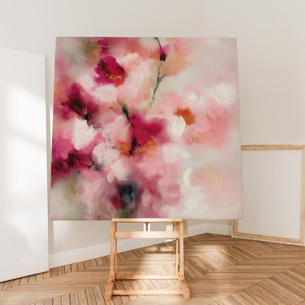 Large Floral Abstract Framed Canvas Wall Art · Blush Pink Berry Soft Pastel Romantic Botanical Painting for Modern Farmhouse Bedroom Living Room or Nursery · Feminine Wall Decor on Premium Artist Canvas Printed with Museum-Grade Giclée Inks · Solid Wood Frame Ready to Hang · Oversized Statement Art · Muse Studio Rose Lilt 1035