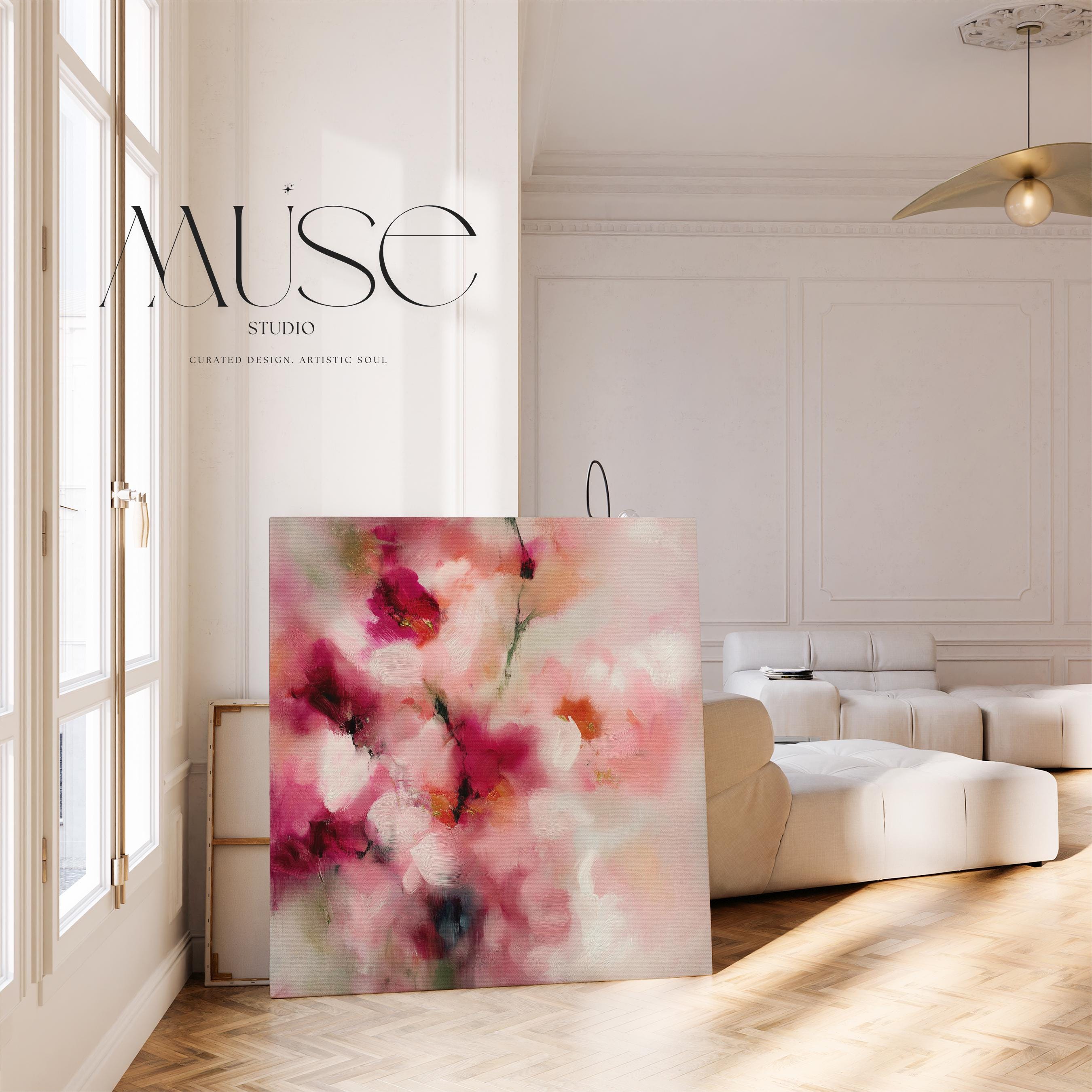 Large Floral Abstract Framed Canvas Wall Art · Blush Pink Berry Soft Pastel Romantic Botanical Painting for Modern Farmhouse Bedroom Living Room or Nursery · Feminine Wall Decor on Premium Artist Canvas Printed with Museum-Grade Giclée Inks · Solid Wood Frame Ready to Hang · Oversized Statement Art · Muse Studio Rose Lilt 1035