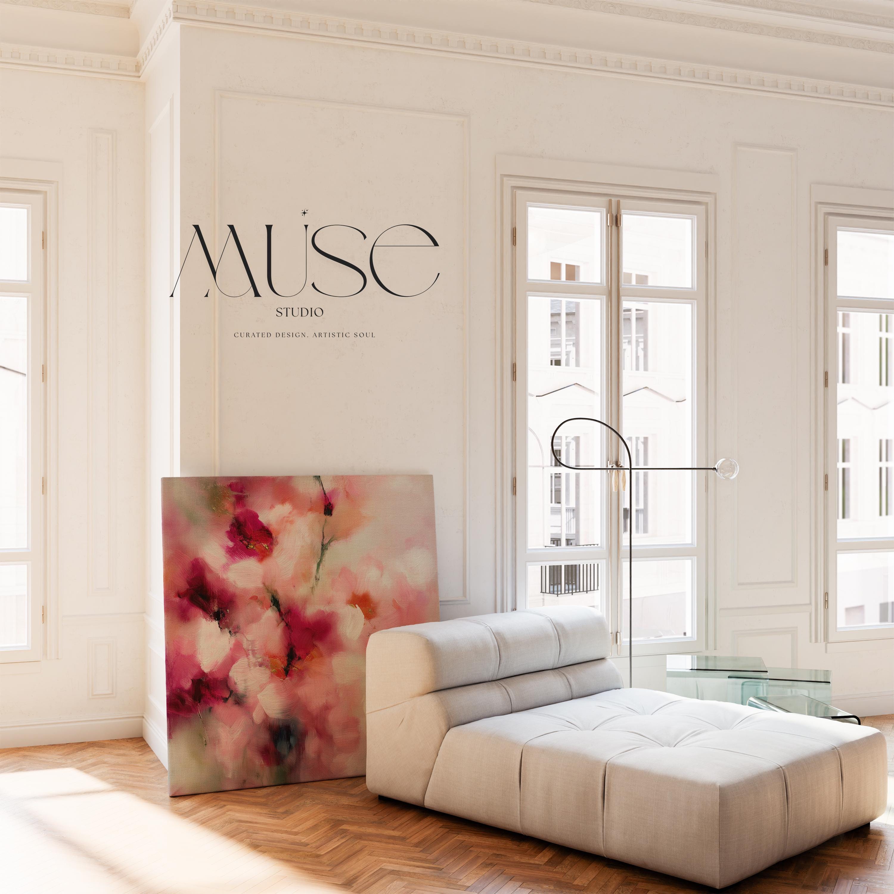 Large Floral Abstract Framed Canvas Wall Art · Blush Pink Berry Soft Pastel Romantic Botanical Painting for Modern Farmhouse Bedroom Living Room or Nursery · Feminine Wall Decor on Premium Artist Canvas Printed with Museum-Grade Giclée Inks · Solid Wood Frame Ready to Hang · Oversized Statement Art · Muse Studio Rose Lilt 1035