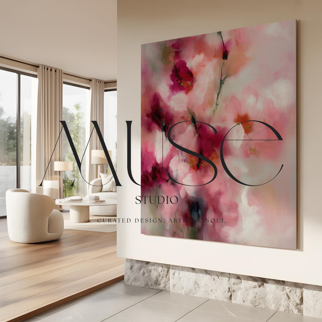 Large square abstract canvas wall art by Muse Studio produced with museum-grade giclée inks on premium gallery-wrapped artist canvas, blending blush pink and berry botanical tones in a romantic designer composition.