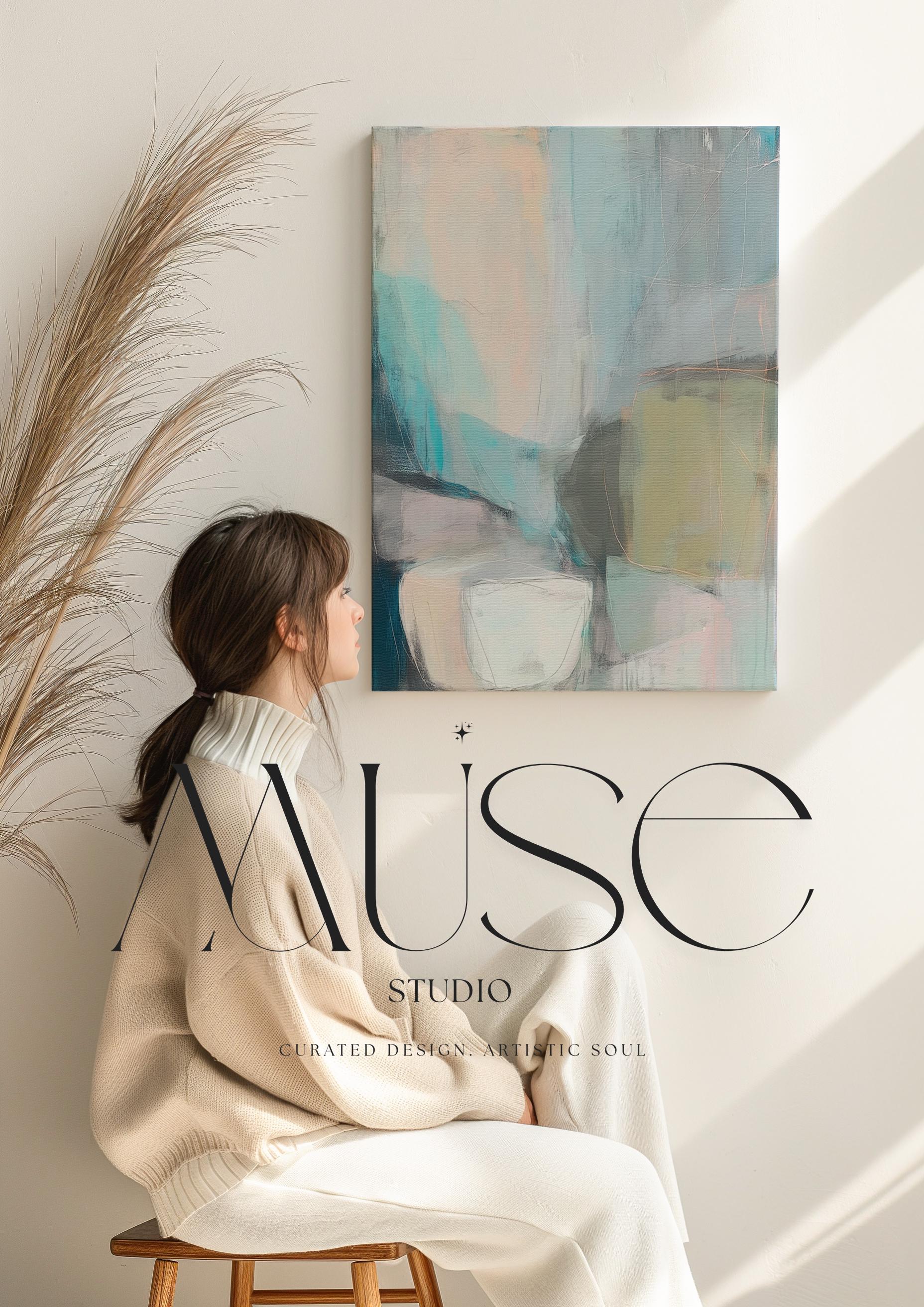 Muse Studio vertical coastal neutral canvas wall art in sea glass teal, blush, gray, and muted olive tones, printed with museum-grade giclée inks on premium gallery-wrapped artist canvas for beach house and second home interiors.