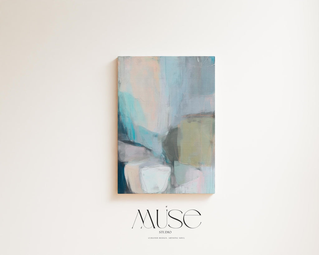 Muse Studio vertical coastal neutral canvas wall art in sea glass teal, blush, gray, and muted olive tones, printed with museum-grade giclée inks on premium gallery-wrapped artist canvas for beach house and second home interiors.