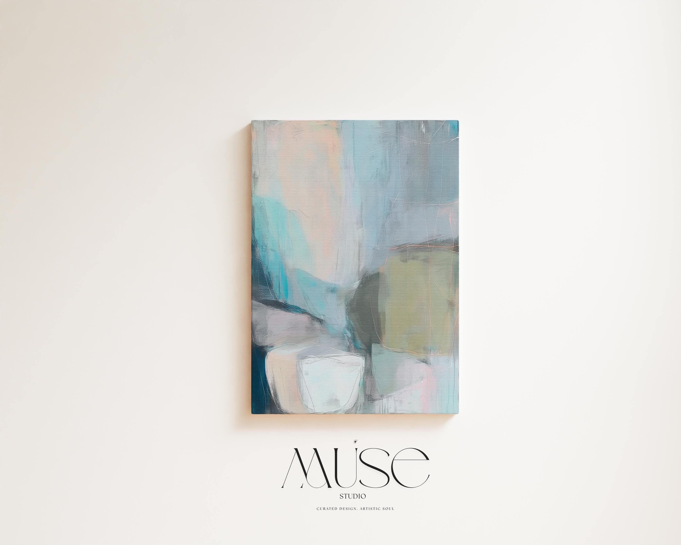 Muse Studio vertical coastal neutral canvas wall art in sea glass teal, blush, gray, and muted olive tones, printed with museum-grade giclée inks on premium gallery-wrapped artist canvas for beach house and second home interiors.
