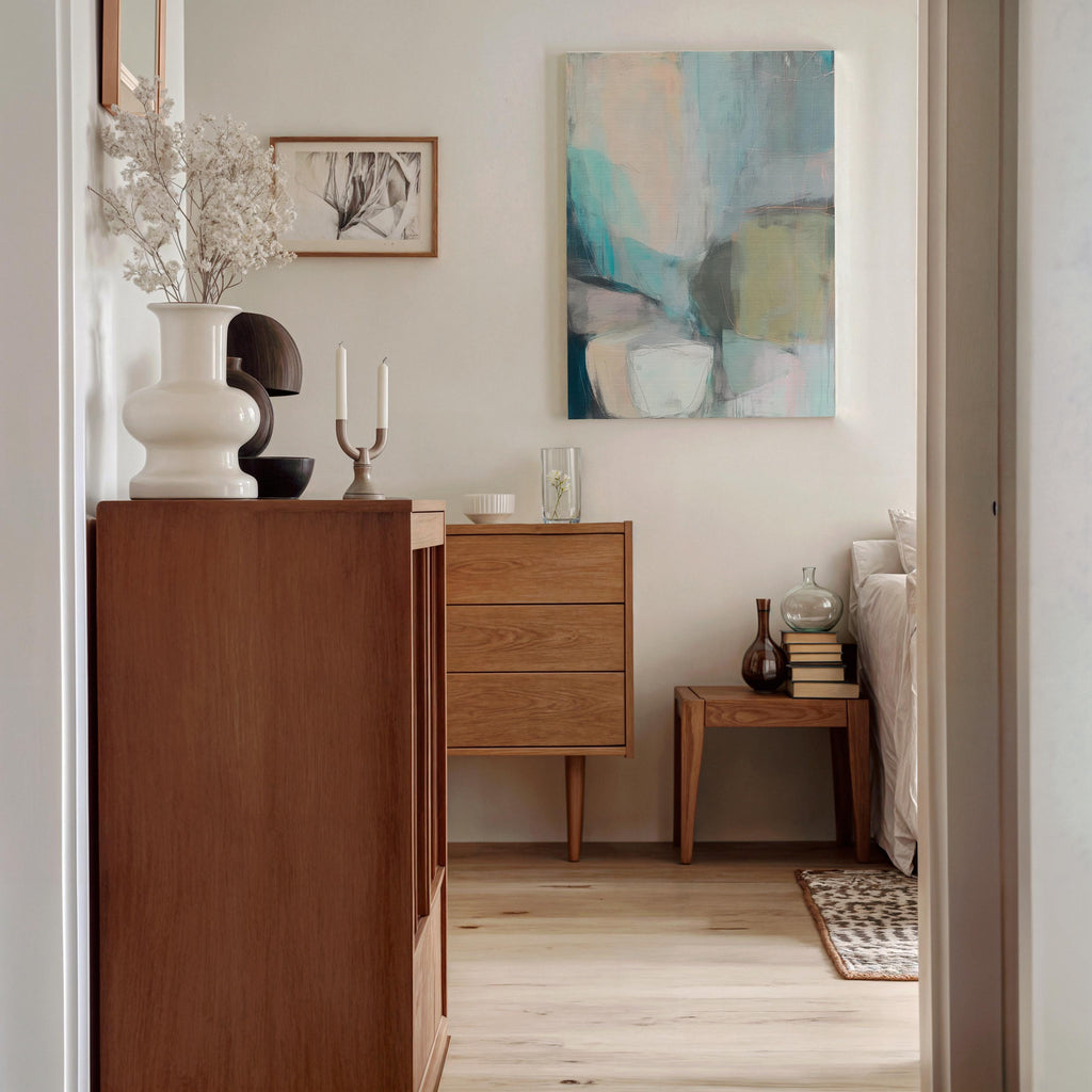 Muse Studio vertical coastal neutral canvas wall art in sea glass teal, blush, gray, and muted olive tones, printed with museum-grade giclée inks on premium gallery-wrapped artist canvas for beach house and second home interiors.