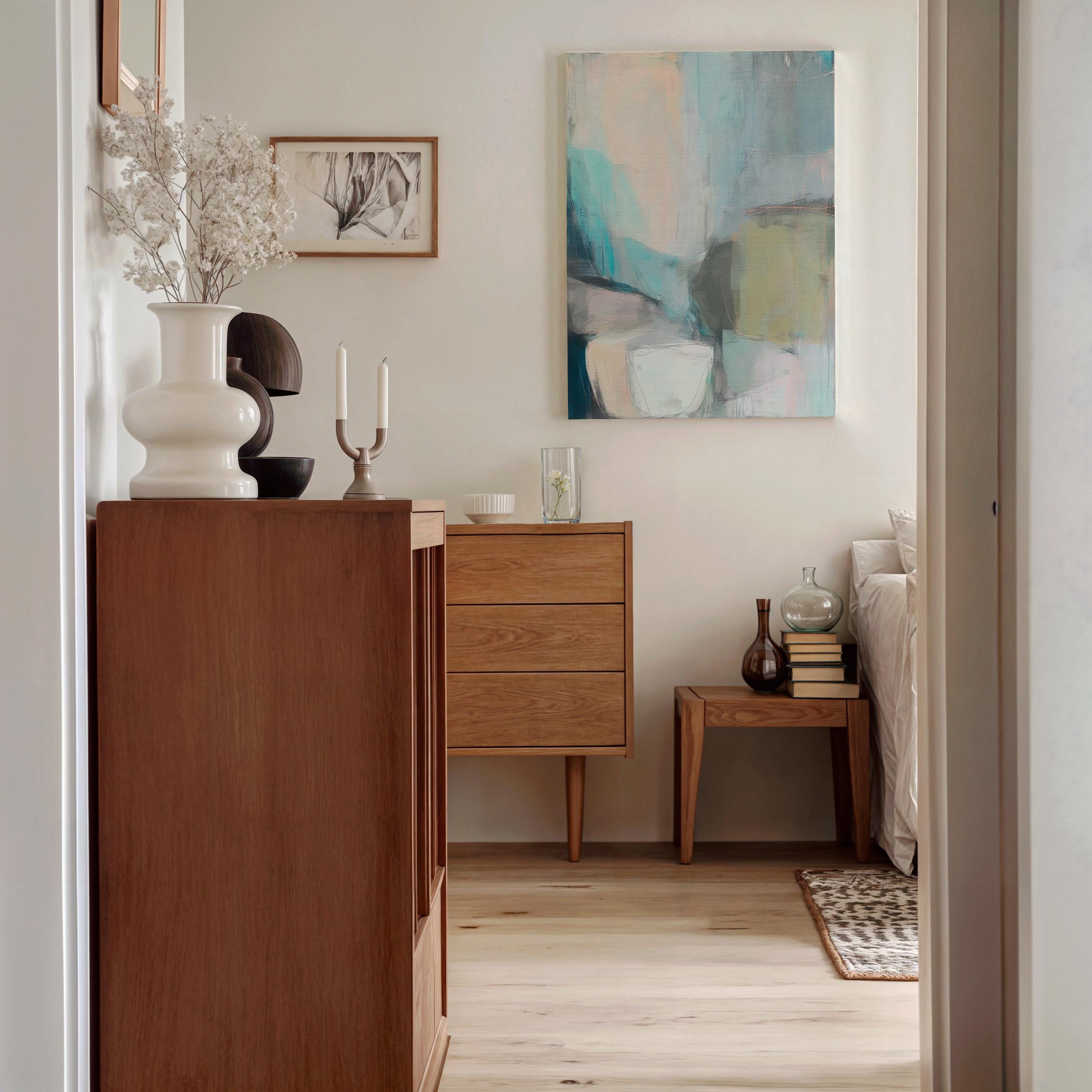 Muse Studio vertical coastal neutral canvas wall art in sea glass teal, blush, gray, and muted olive tones, printed with museum-grade giclée inks on premium gallery-wrapped artist canvas for beach house and second home interiors.