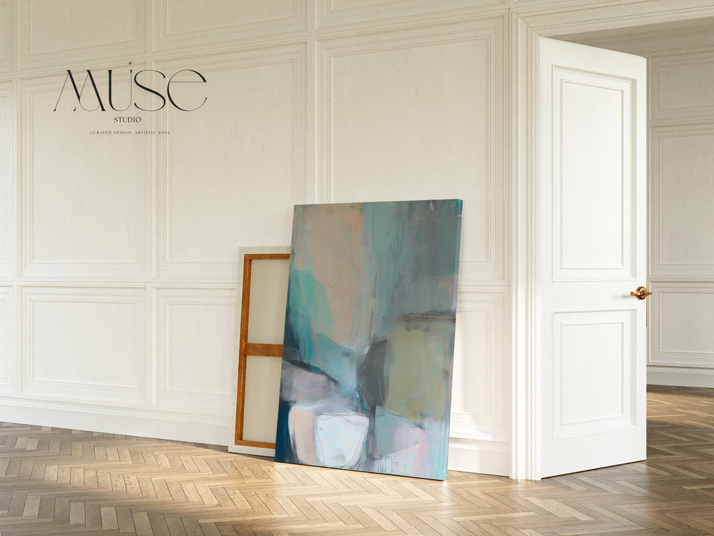 Muse Studio vertical coastal neutral canvas wall art in sea glass teal, blush, gray, and muted olive tones, printed with museum-grade giclée inks on premium gallery-wrapped artist canvas for beach house and second home interiors.
