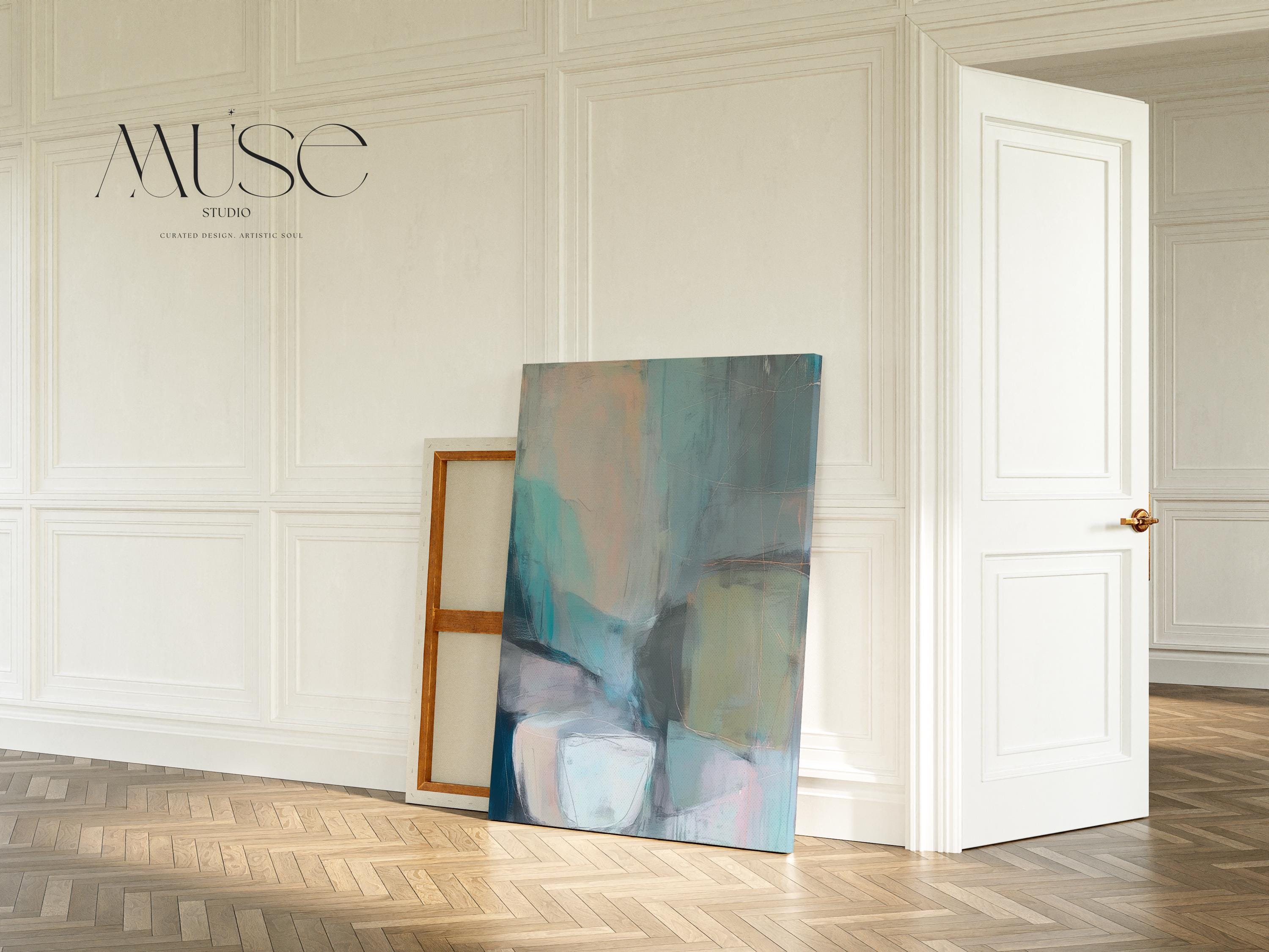 Muse Studio vertical coastal neutral canvas wall art in sea glass teal, blush, gray, and muted olive tones, printed with museum-grade giclée inks on premium gallery-wrapped artist canvas for beach house and second home interiors.
