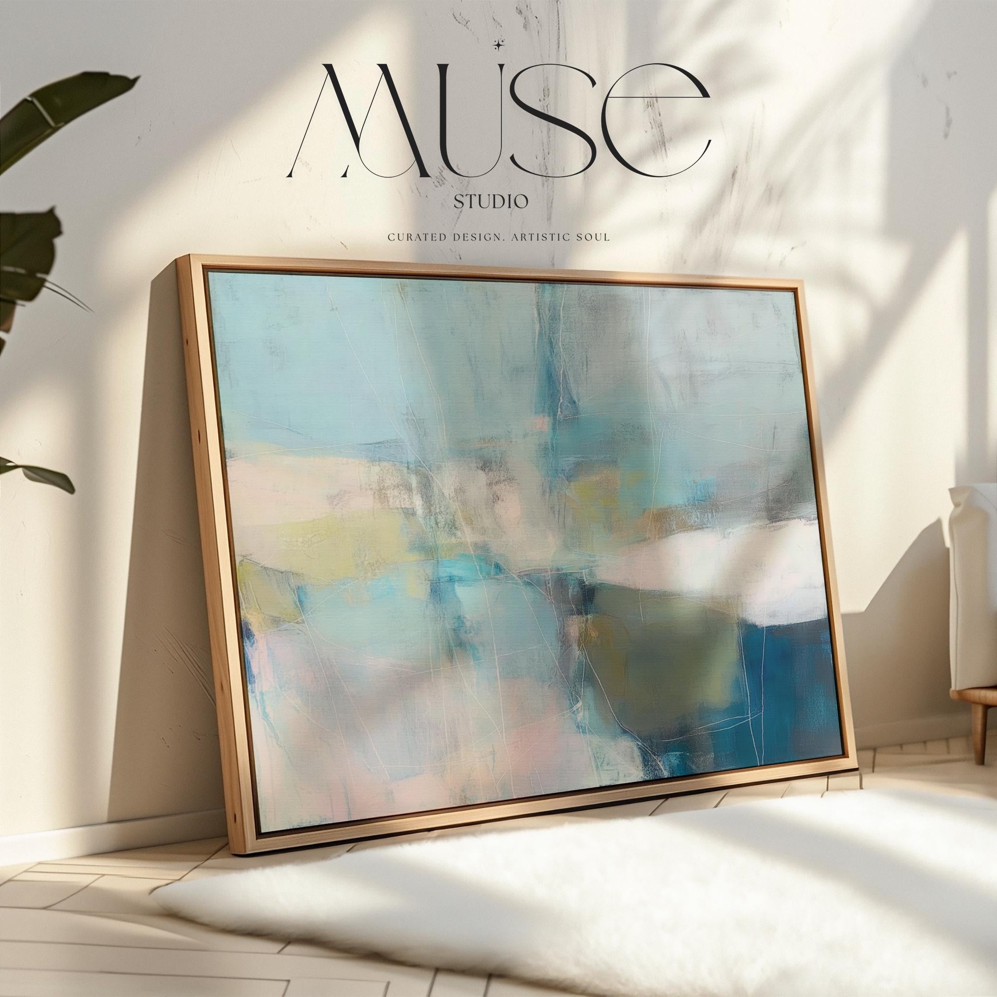 Muse Studio framed horizontal coastal neutral abstract wall art in sea glass blue, blush, muted olive, and gray tones, printed with museum-grade giclée inks on premium gallery-wrapped canvas in a natural wood floating frame for beach house interiors.