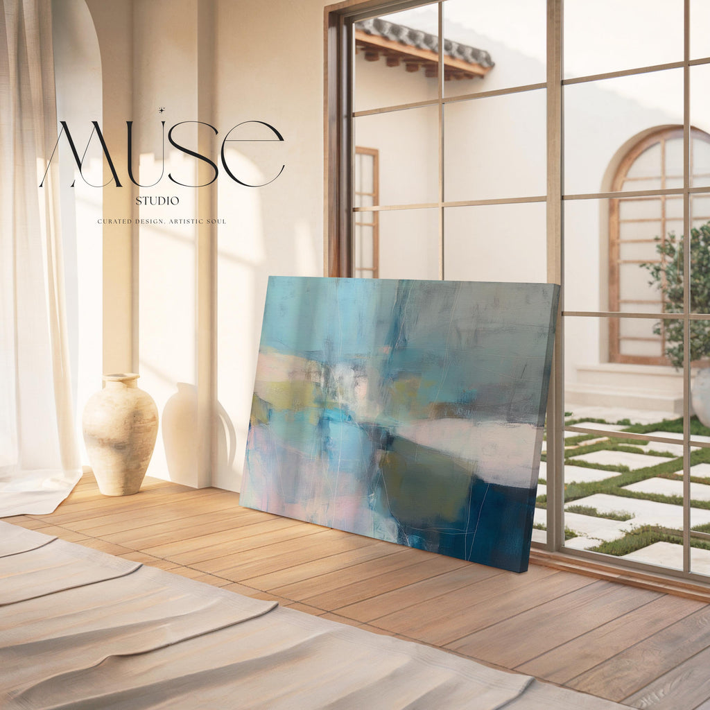 Muse Studio horizontal coastal neutral canvas wall art in sea glass blue, blush, muted olive, and gray tones, printed with museum-grade giclée inks on premium gallery-wrapped artist canvas for beach house and second home interiors.