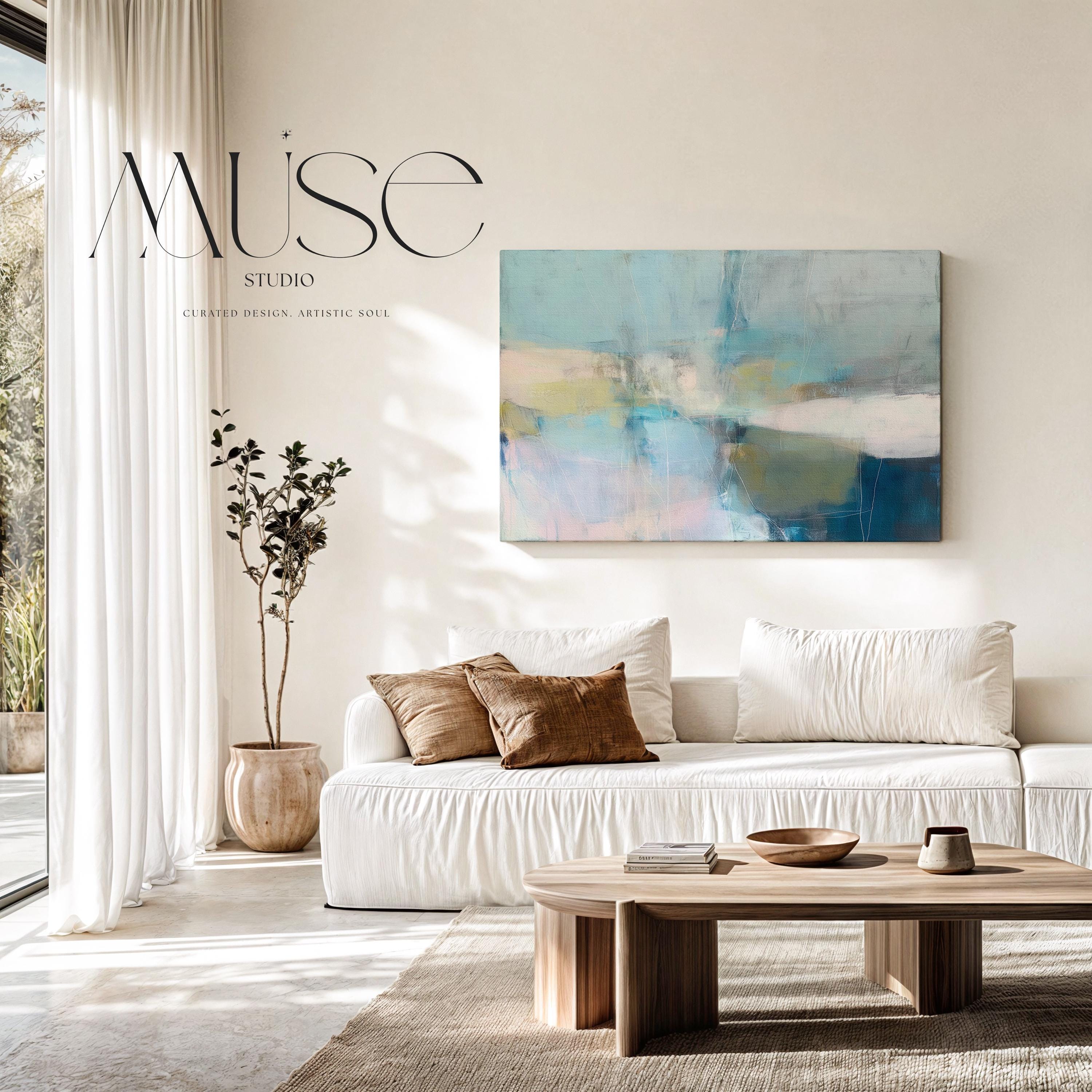 Muse Studio horizontal coastal neutral canvas wall art in sea glass blue, blush, muted olive, and gray tones, printed with museum-grade giclée inks on premium gallery-wrapped artist canvas for beach house and second home interiors.