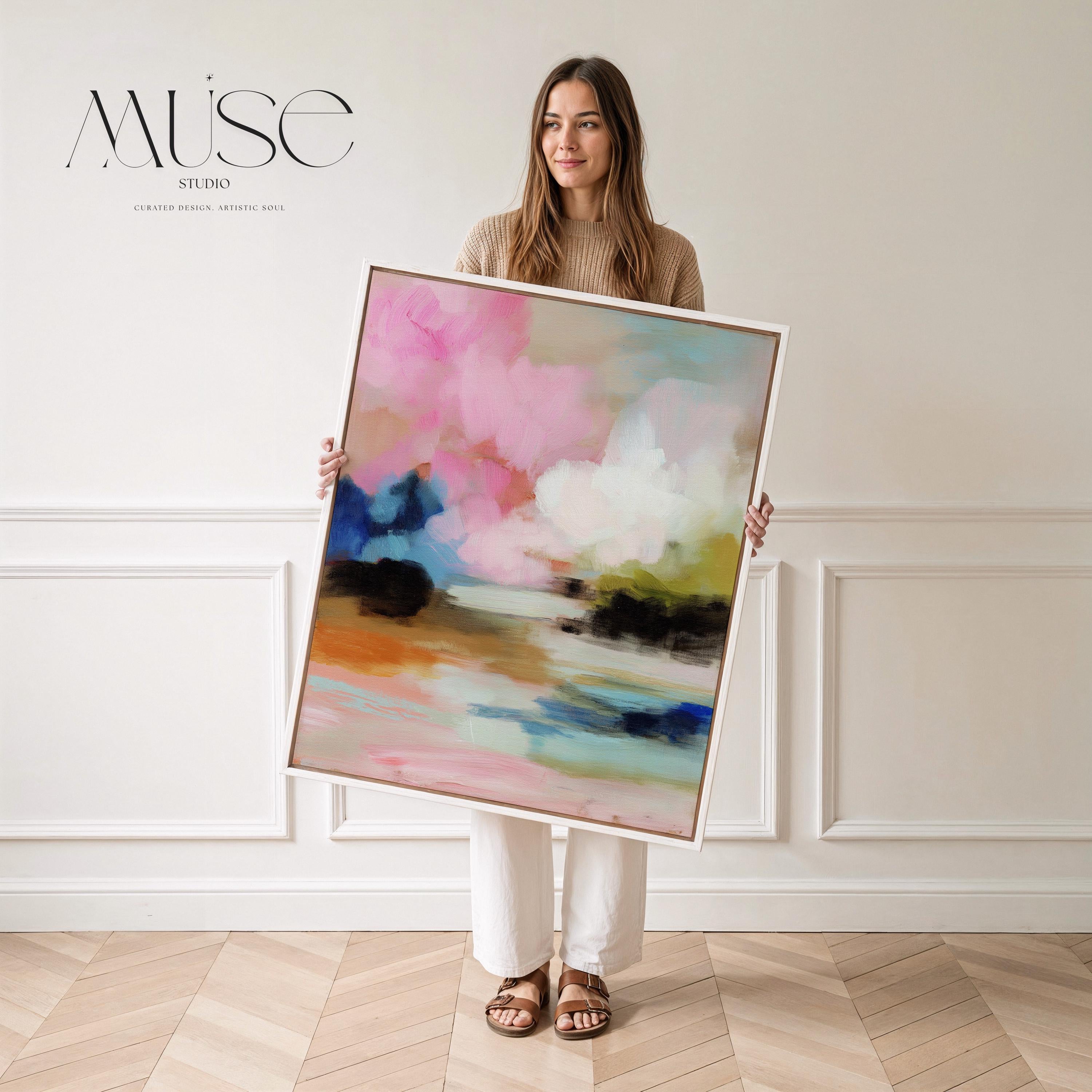 Lythe Daydream 1049 by Muse Studio framed floral abstract wall art inspired by spring gardens, blending blush pink, cream, teal, navy, and soft ochre tones. Printed with museum-grade giclée inks on premium artist canvas and set in a custom wood float frame, styled above a neutral linen bed in a Romantic Botanical bedroom.