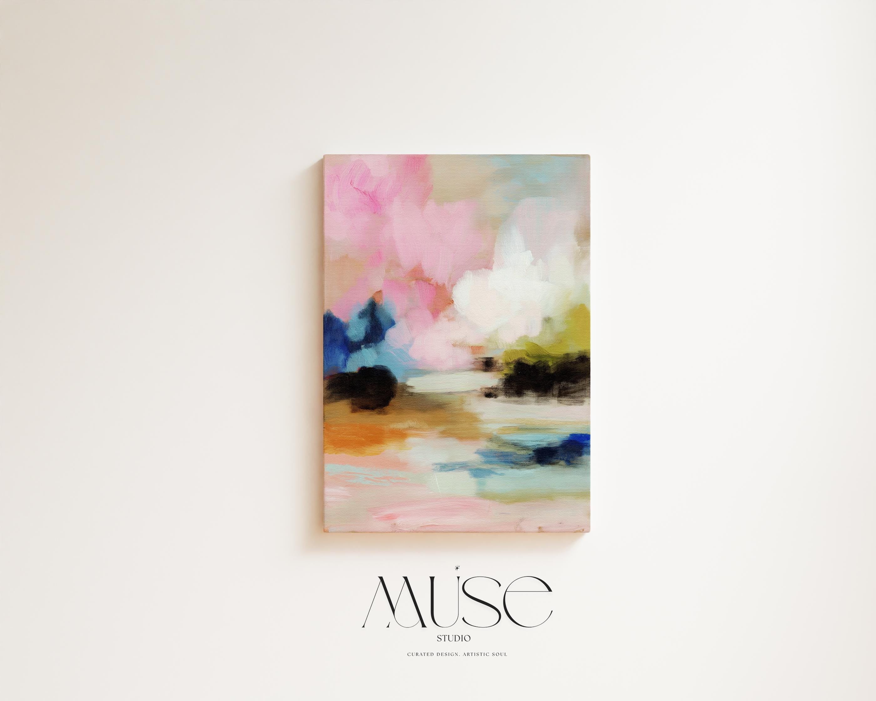 Lythe Daydream 1049 by Muse Studio large vertical floral abstract canvas wall art inspired by spring gardens, featuring blush pink, cream, teal, navy, and warm ochre tones printed on premium gallery-wrapped artist canvas with museum-grade giclée inks, styled above a neutral bed in a Romantic Botanical bedroom.