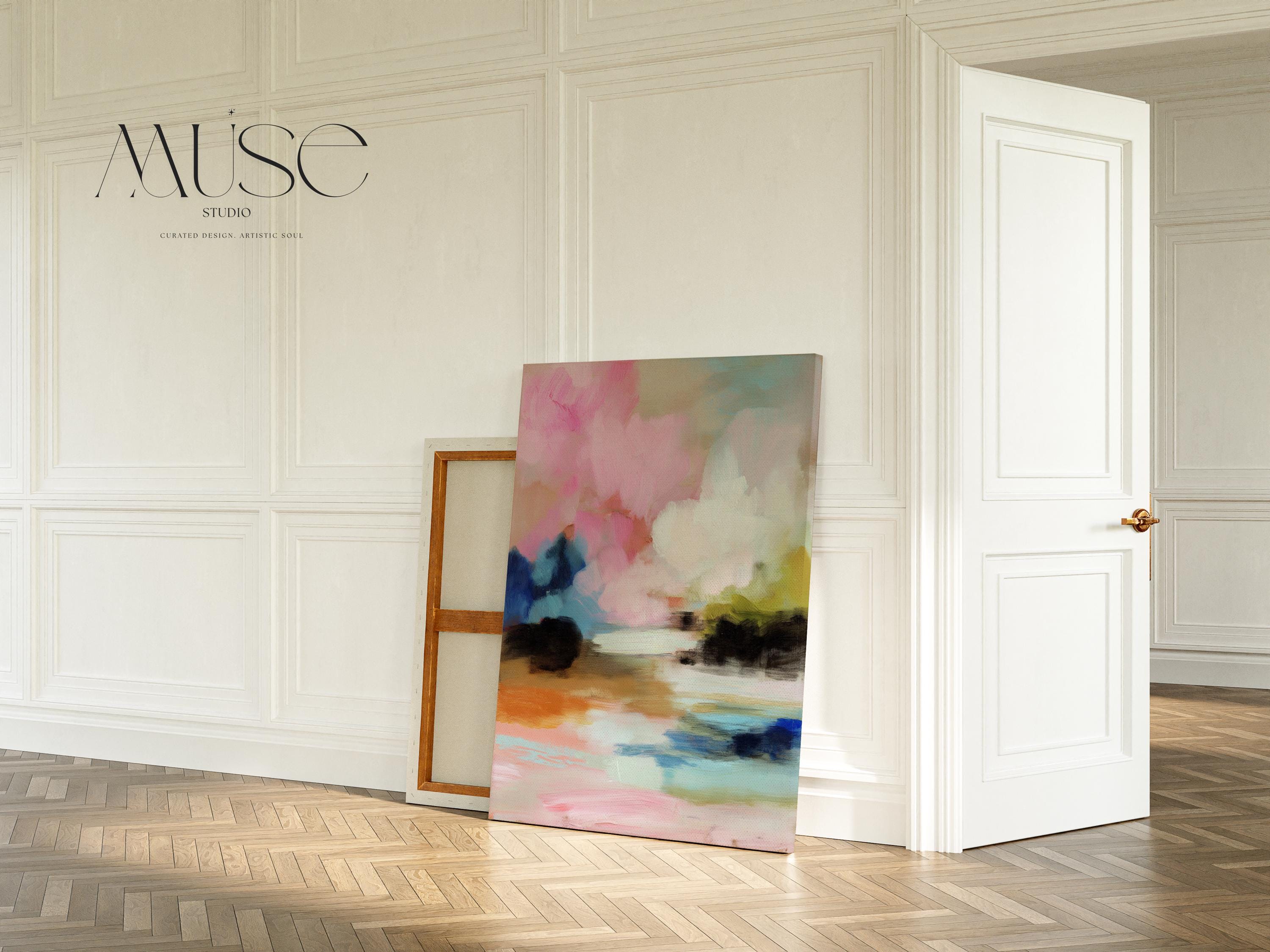 Lythe Daydream 1049 by Muse Studio large vertical floral abstract canvas wall art inspired by spring gardens, featuring blush pink, cream, teal, navy, and warm ochre tones printed on premium gallery-wrapped artist canvas with museum-grade giclée inks, styled above a neutral bed in a Romantic Botanical bedroom.