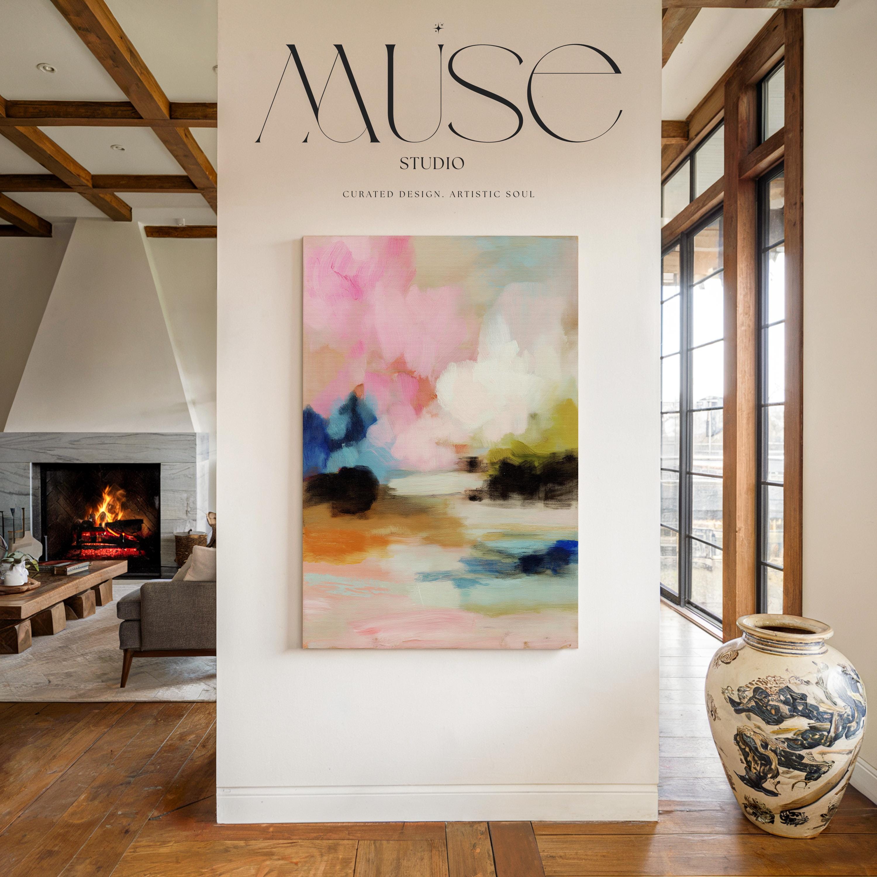 Lythe Daydream 1049 by Muse Studio large vertical floral abstract canvas wall art inspired by spring gardens, featuring blush pink, cream, teal, navy, and warm ochre tones printed on premium gallery-wrapped artist canvas with museum-grade giclée inks, styled above a neutral bed in a Romantic Botanical bedroom.
