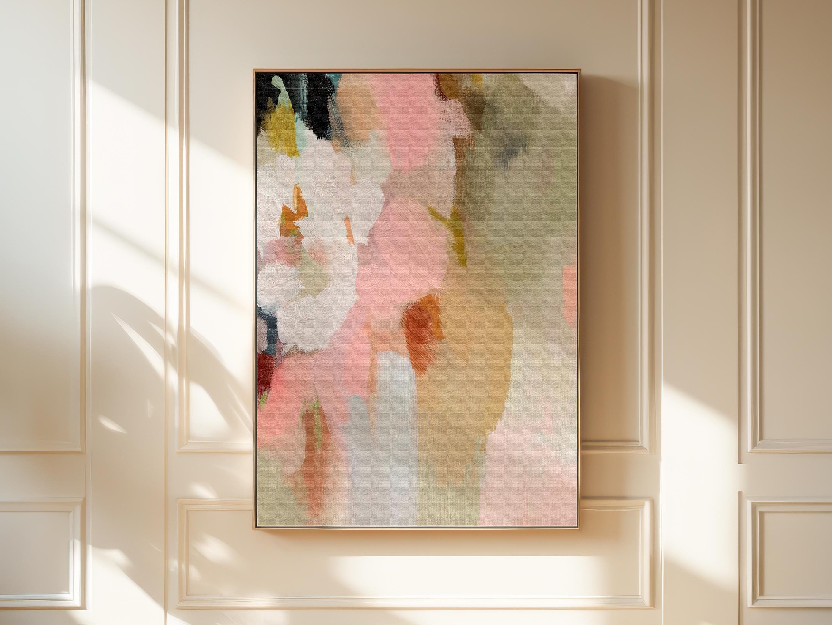 Blossom Dawn 1046 by Muse Studio framed floral abstract wall art inspired by spring gardens, blending blush pink, coral, warm sand, sage green, cream, and charcoal tones. Printed with museum-grade giclée inks on premium artist canvas and set in a custom wood float frame, styled in a Romantic Botanical bedroom.