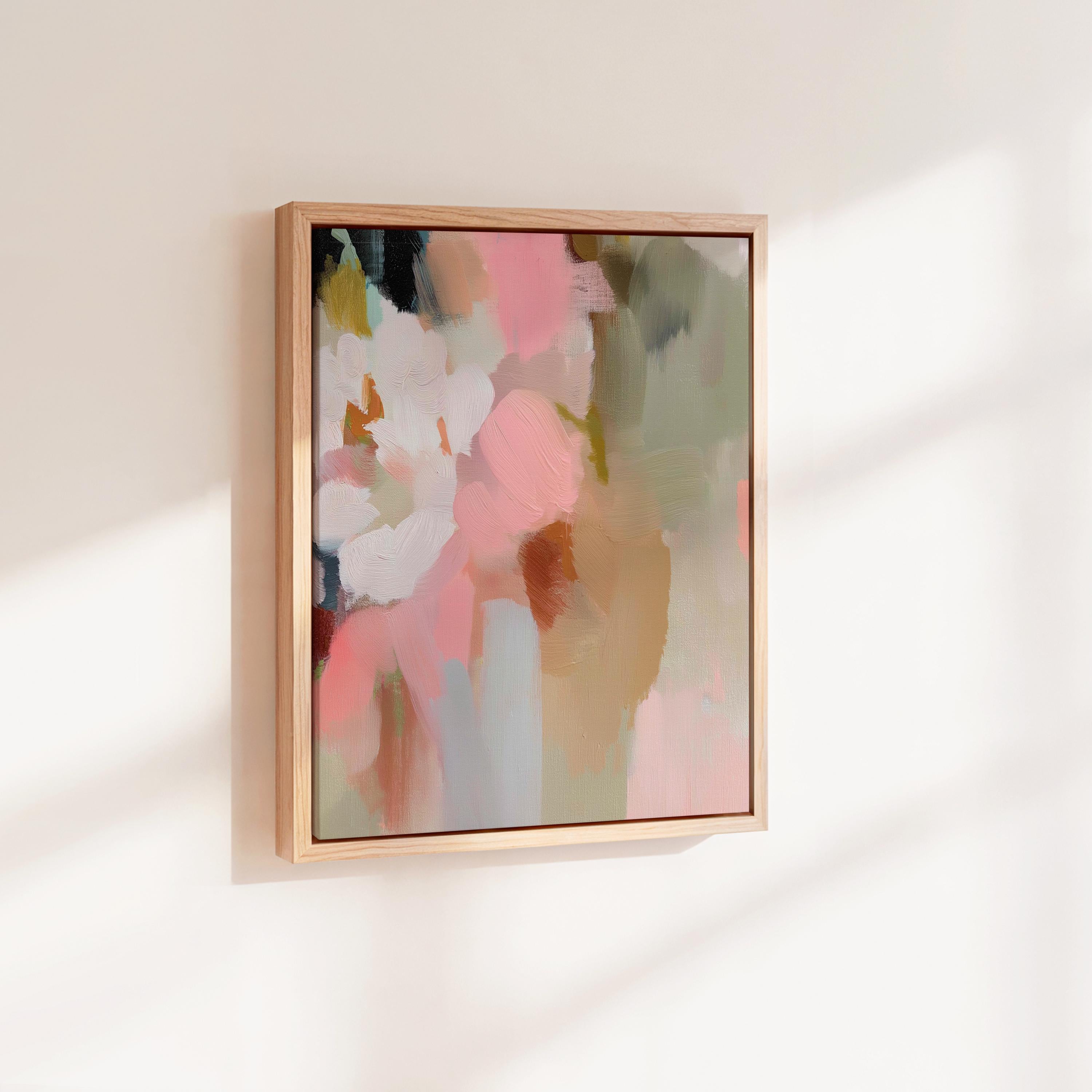 Blossom Dawn 1046 by Muse Studio framed floral abstract wall art inspired by spring gardens, blending blush pink, coral, warm sand, sage green, cream, and charcoal tones. Printed with museum-grade giclée inks on premium artist canvas and set in a custom wood float frame, styled in a Romantic Botanical bedroom.