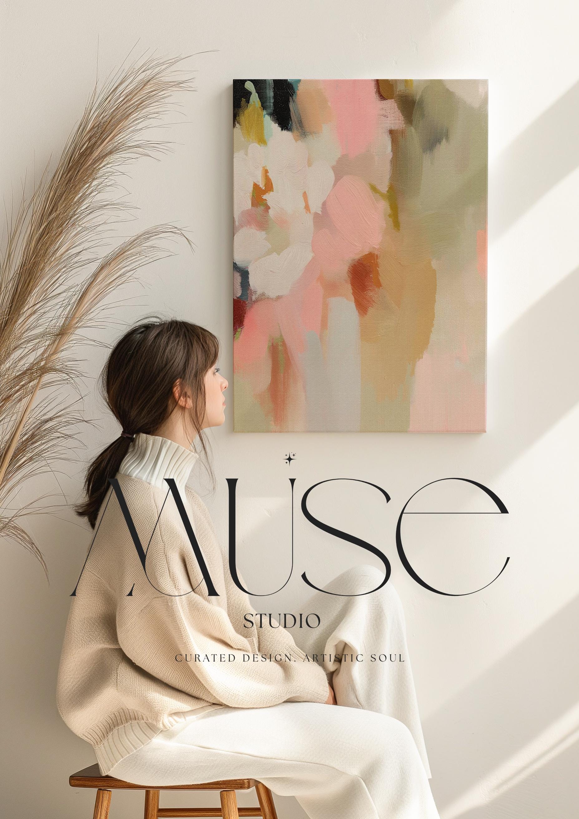 Blossom Dawn 1046 by Muse Studio large vertical floral abstract canvas wall art inspired by spring gardens, featuring blush pink, coral, warm sand, sage green, cream, and charcoal tones printed on premium gallery-wrapped artist canvas with museum-grade giclée inks.