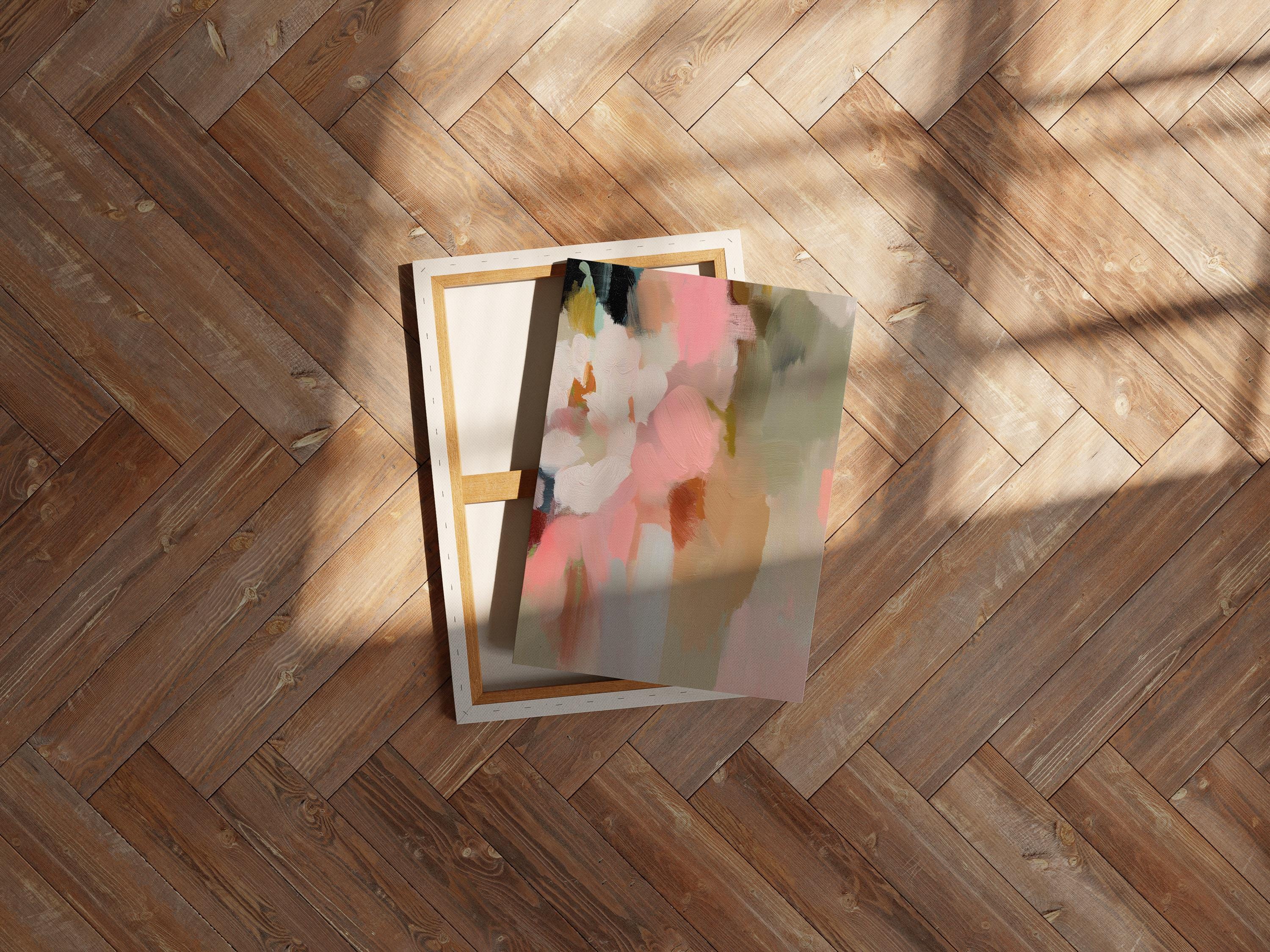 Blossom Dawn 1046 by Muse Studio large vertical floral abstract canvas wall art inspired by spring gardens, featuring blush pink, coral, warm sand, sage green, cream, and charcoal tones printed on premium gallery-wrapped artist canvas with museum-grade giclée inks.