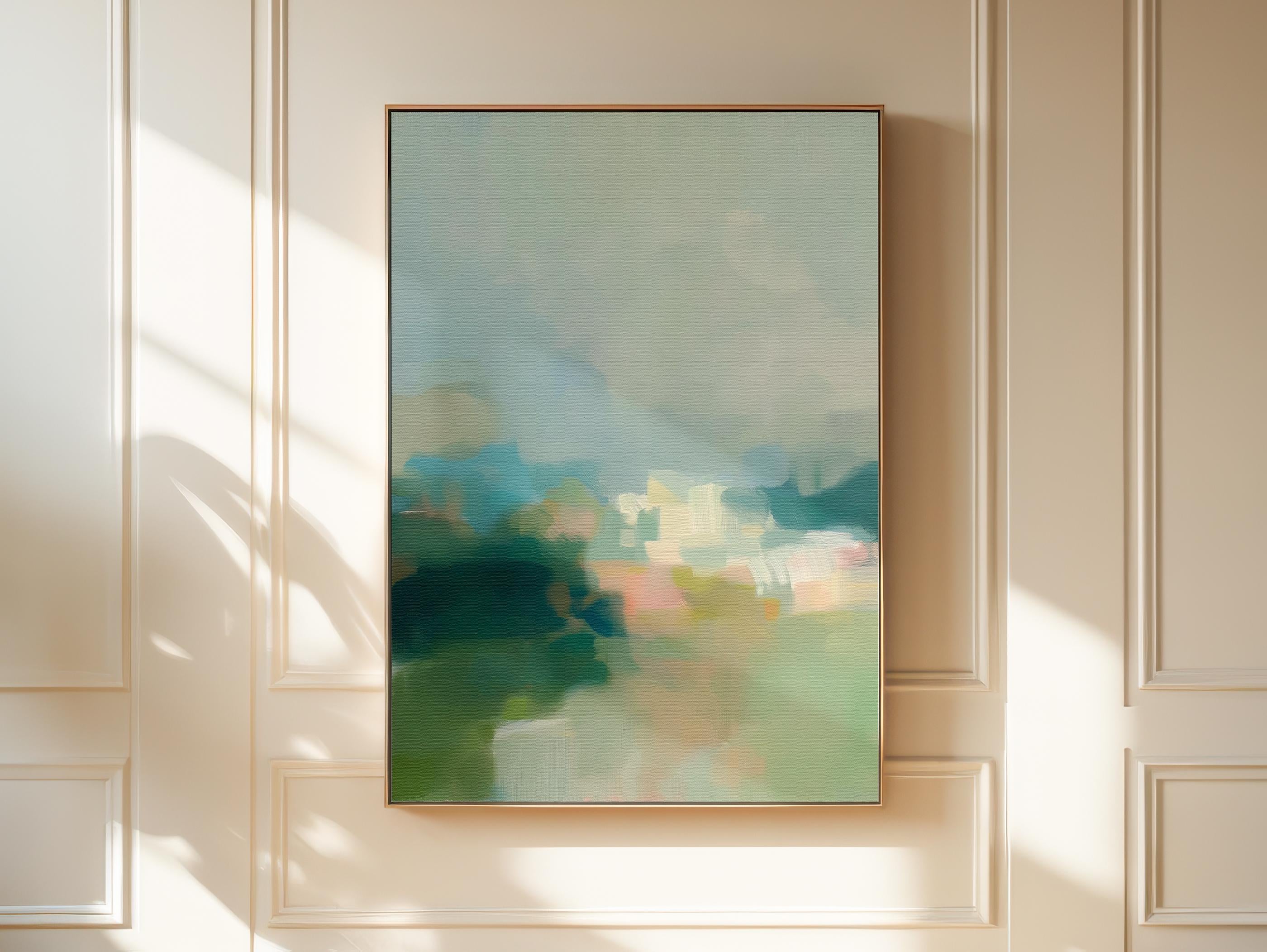 Misty Glade 1045 by Muse Studio vertical abstract landscape wall art inspired by misty woodland clearings, blending sage green, sea glass blue, soft cream, and pale peach light. Printed with museum-grade giclée inks on premium gallery-wrapped artist canvas and available framed in custom wood float frames for serene Organic Transitional interiors.
