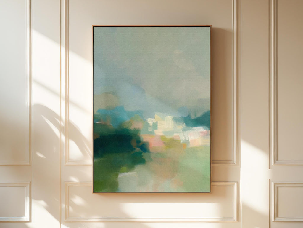 Misty Glade 1045 by Muse Studio vertical abstract landscape wall art inspired by misty woodland clearings, blending sage green, sea glass blue, soft cream, and pale peach light. Printed with museum-grade giclée inks on premium gallery-wrapped artist canvas and available framed in custom wood float frames for serene Organic Transitional interiors.