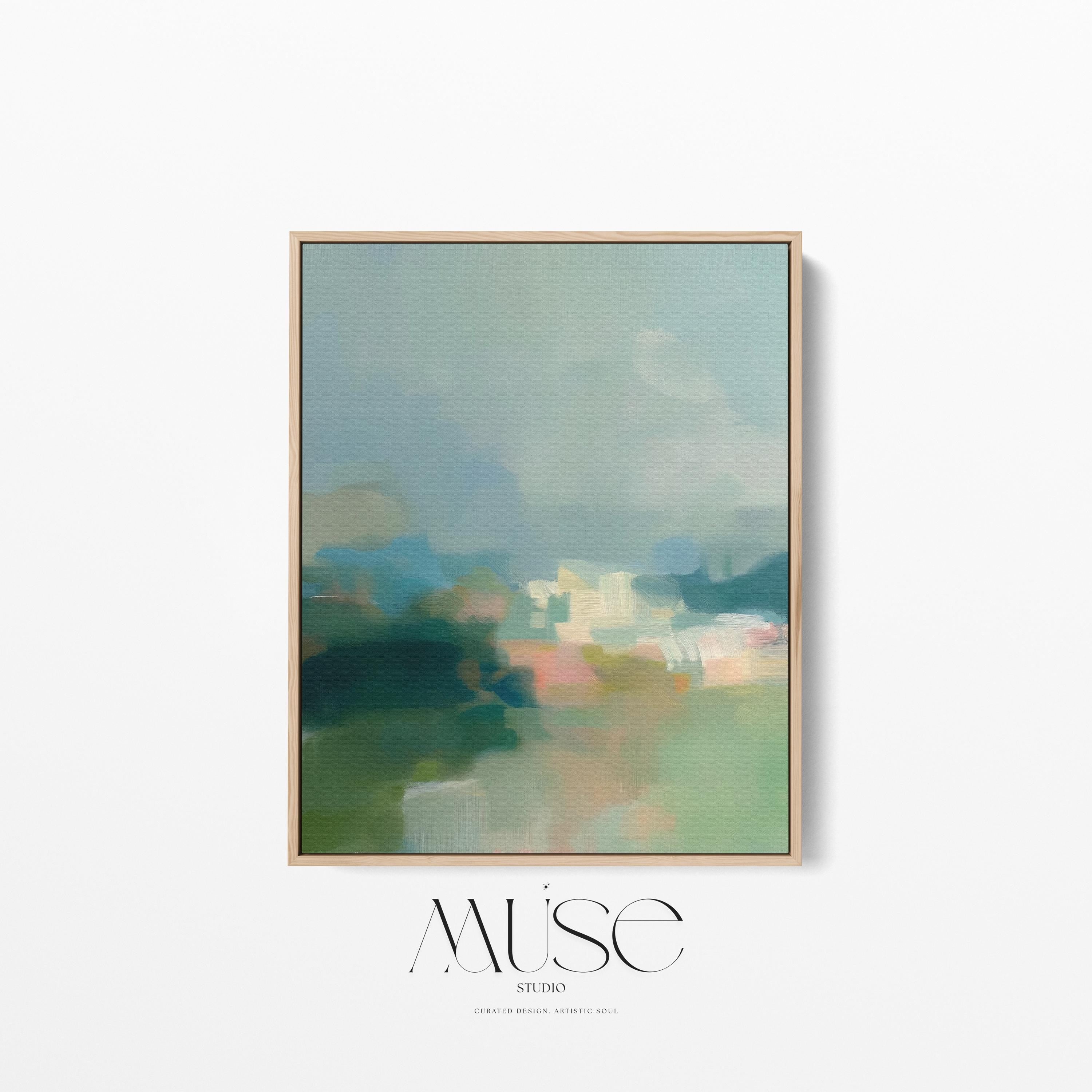 Misty Glade 1045 by Muse Studio vertical abstract landscape wall art inspired by misty woodland clearings, blending sage green, sea glass blue, soft cream, and pale peach light. Printed with museum-grade giclée inks on premium gallery-wrapped artist canvas and available framed in custom wood float frames for serene Organic Transitional interiors.
