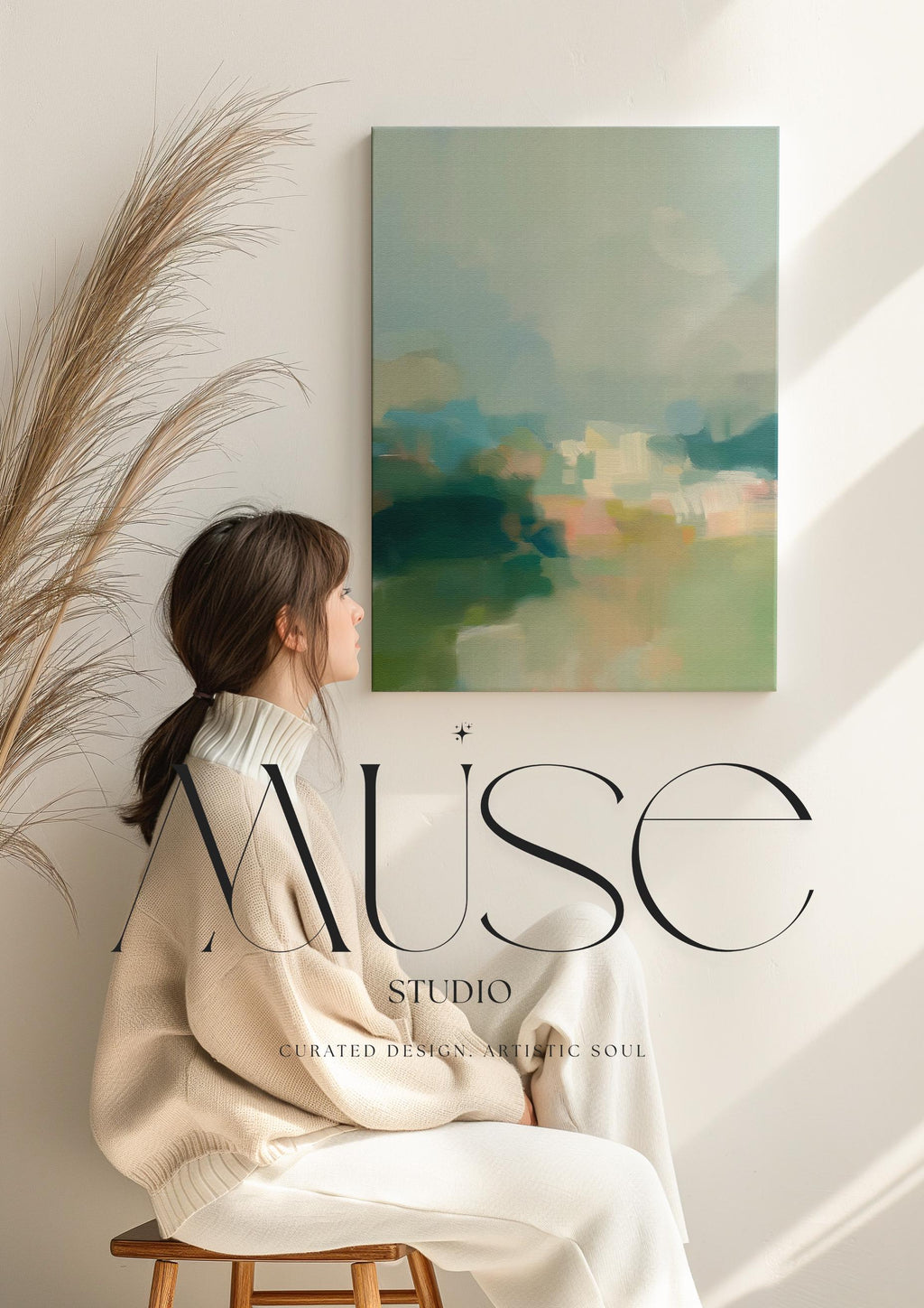 Misty Glade 1045 by Muse Studio vertical abstract landscape wall art inspired by misty woodland clearings, blending sage green, sea glass blue, soft cream, and pale peach light. Printed with museum-grade giclée inks on premium gallery-wrapped artist canvas and available framed in custom wood float frames for serene Organic Transitional interiors.