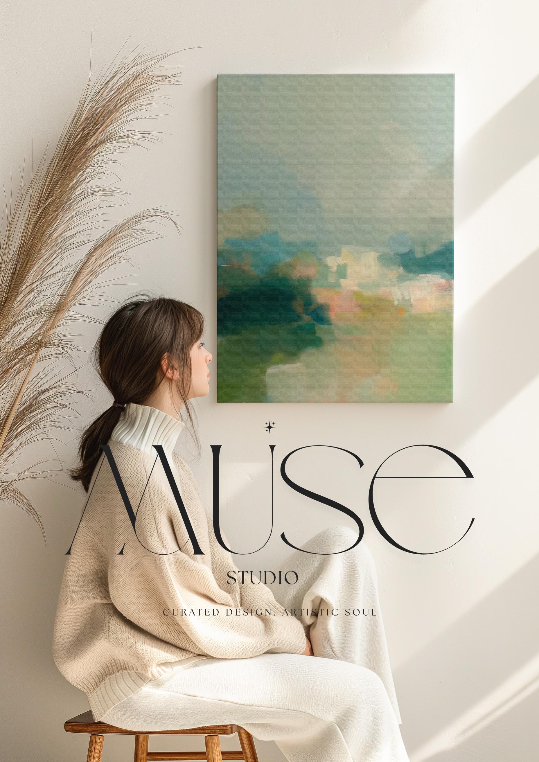 Misty Glade 1045 by Muse Studio vertical abstract landscape wall art inspired by misty woodland clearings, blending sage green, sea glass blue, soft cream, and pale peach light. Printed with museum-grade giclée inks on premium gallery-wrapped artist canvas and available framed in custom wood float frames for serene Organic Transitional interiors.