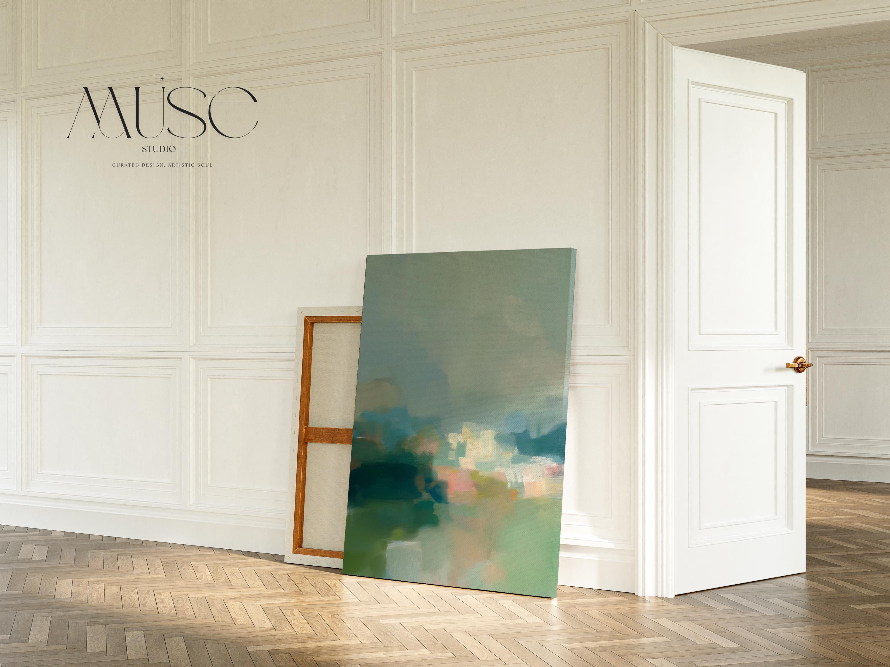 Misty Glade 1045 by Muse Studio vertical abstract landscape wall art inspired by misty woodland clearings, blending sage green, sea glass blue, soft cream, and pale peach light. Printed with museum-grade giclée inks on premium gallery-wrapped artist canvas and available framed in custom wood float frames for serene Organic Transitional interiors.