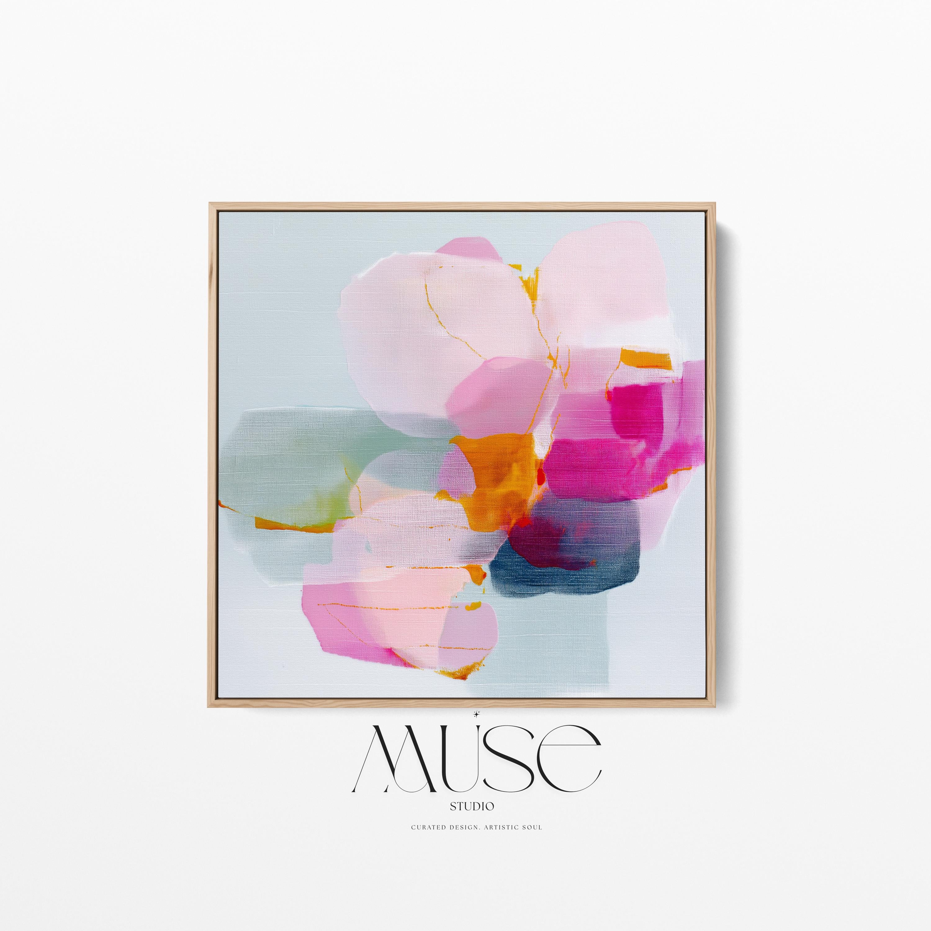 First Bloom 1052 by Muse Studio large framed floral wall art featuring blush pink, magenta, soft blue, and golden ochre painterly blooms printed with museum-grade giclée inks on premium gallery-wrapped canvas, framed in natural wood for Romantic Botanical bedrooms and serene designer interiors.