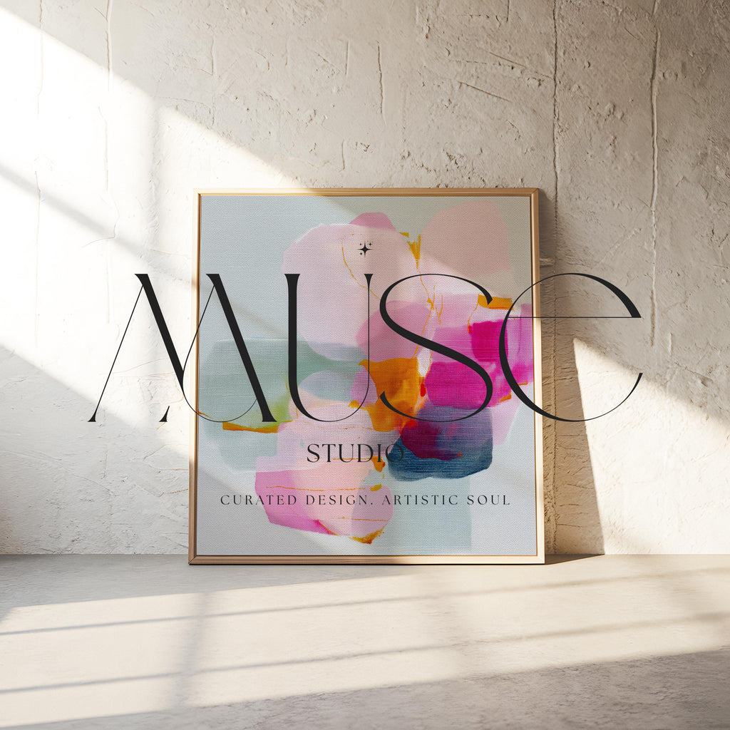 First Bloom 1052 by Muse Studio large framed floral wall art featuring blush pink, magenta, soft blue, and golden ochre painterly blooms printed with museum-grade giclée inks on premium gallery-wrapped canvas, framed in natural wood for Romantic Botanical bedrooms and serene designer interiors.