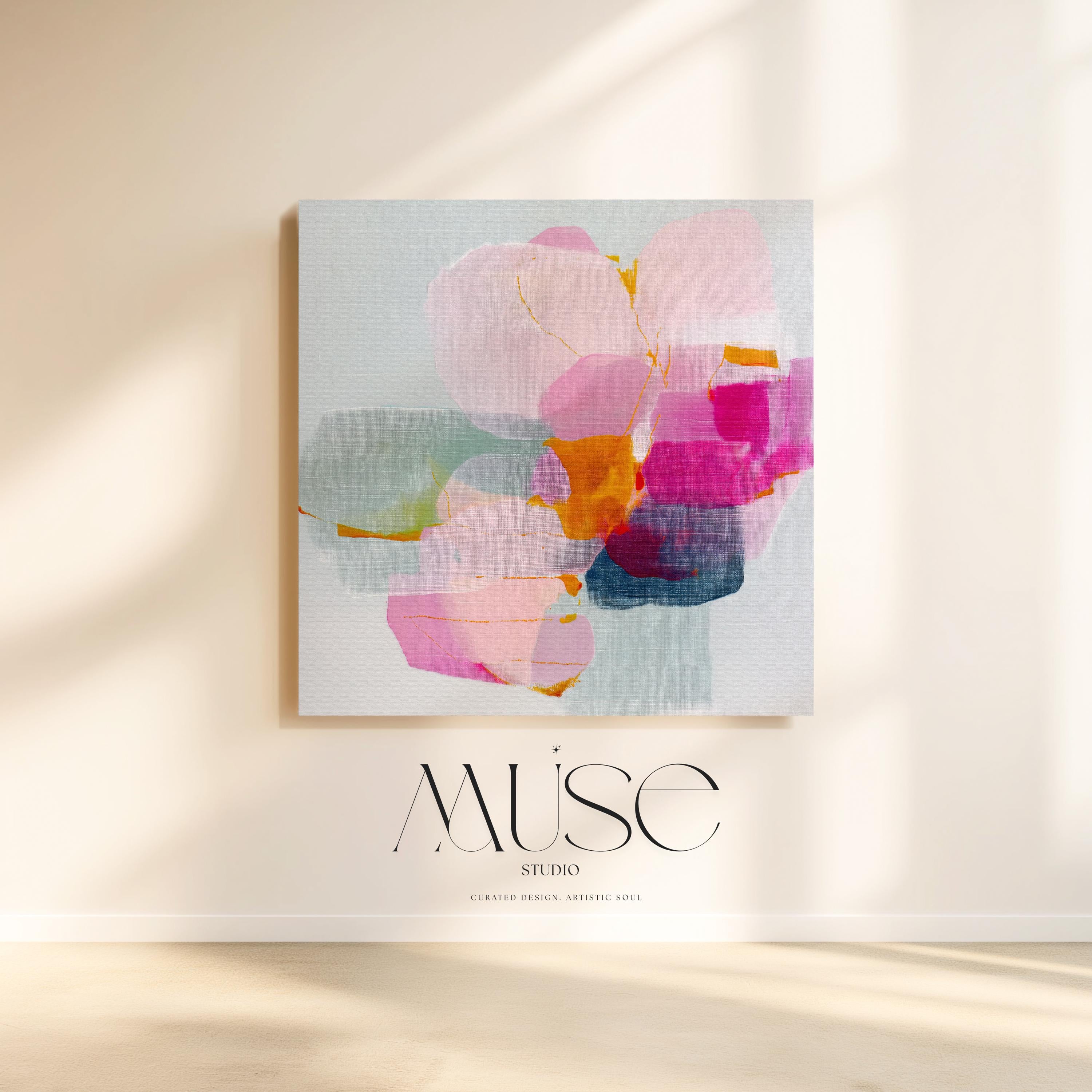 First Bloom 1052 by Muse Studio large square floral canvas wall art featuring blush pink, magenta, soft blue, and golden ochre abstract blooms printed with museum-grade giclée inks on premium gallery-wrapped artist canvas for Romantic Botanical bedrooms and bright contemporary interiors.