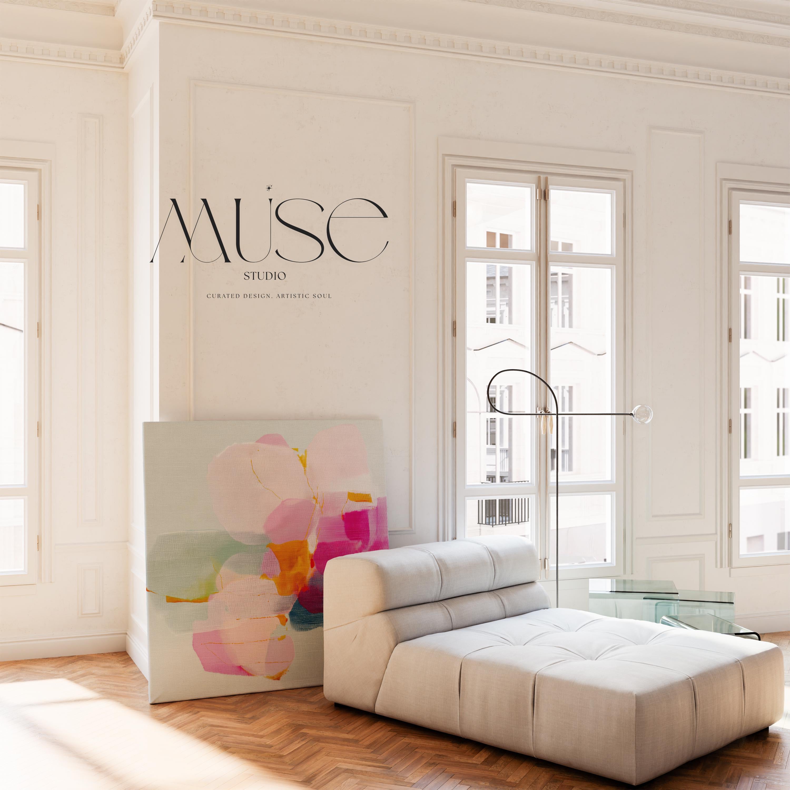 First Bloom 1052 by Muse Studio large square floral canvas wall art featuring blush pink, magenta, soft blue, and golden ochre abstract blooms printed with museum-grade giclée inks on premium gallery-wrapped artist canvas for Romantic Botanical bedrooms and bright contemporary interiors.