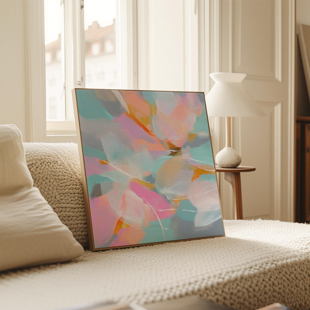 Petal Glory 1051 by Muse Studio large framed floral wall art featuring pink, coral, aqua, soft blue and golden ochre painterly petals printed with museum-grade giclée inks on premium gallery-wrapped canvas, framed in natural wood for Romantic Botanical bedrooms and colorful designer interiors.