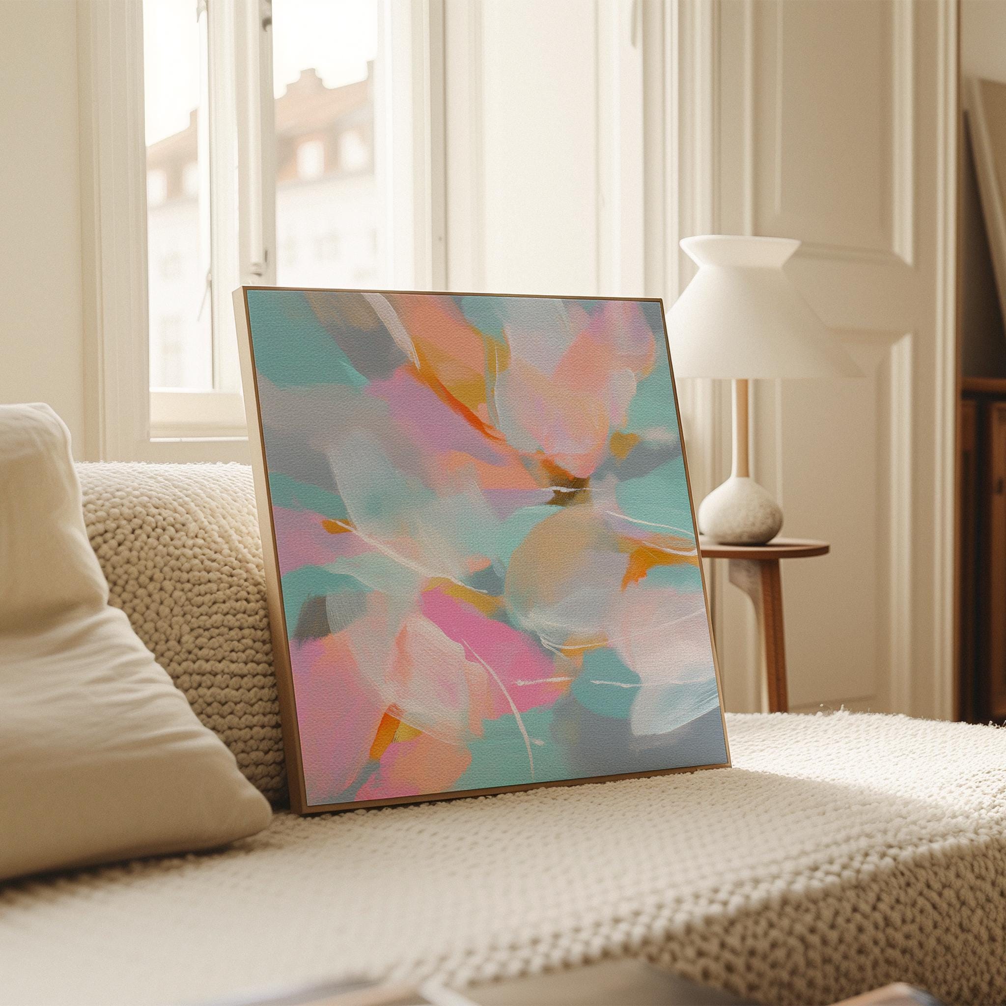 Petal Glory 1051 by Muse Studio large framed floral wall art featuring pink, coral, aqua, soft blue and golden ochre painterly petals printed with museum-grade giclée inks on premium gallery-wrapped canvas, framed in natural wood for Romantic Botanical bedrooms and colorful designer interiors.