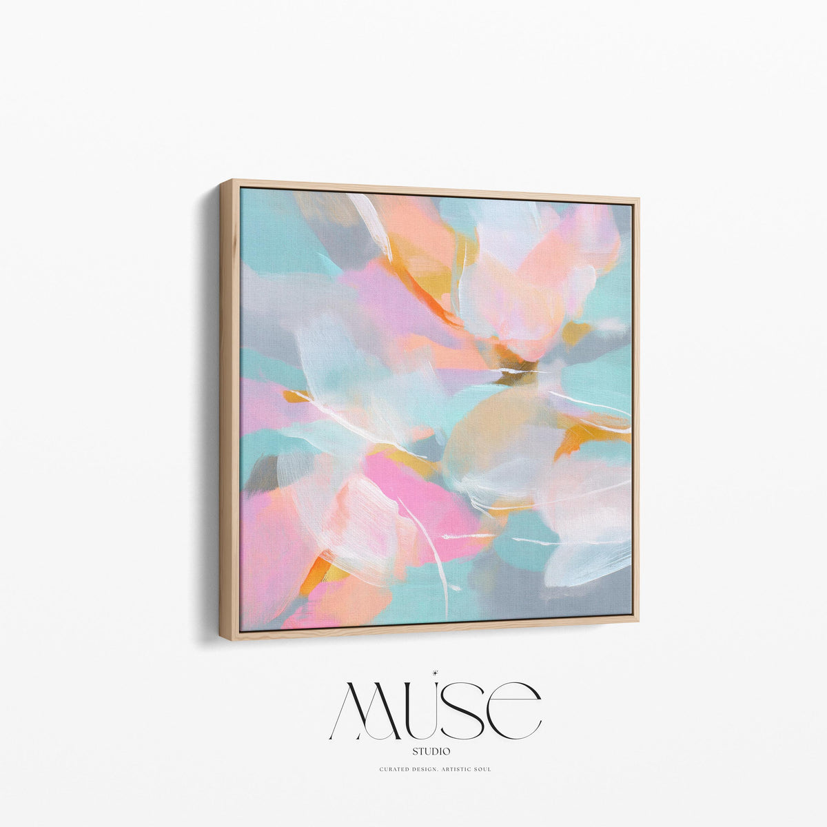 Petal Glory 1051 by Muse Studio large framed floral wall art featuring pink, coral, aqua, soft blue and golden ochre painterly petals printed with museum-grade giclée inks on premium gallery-wrapped canvas, framed in natural wood for Romantic Botanical bedrooms and colorful designer interiors.