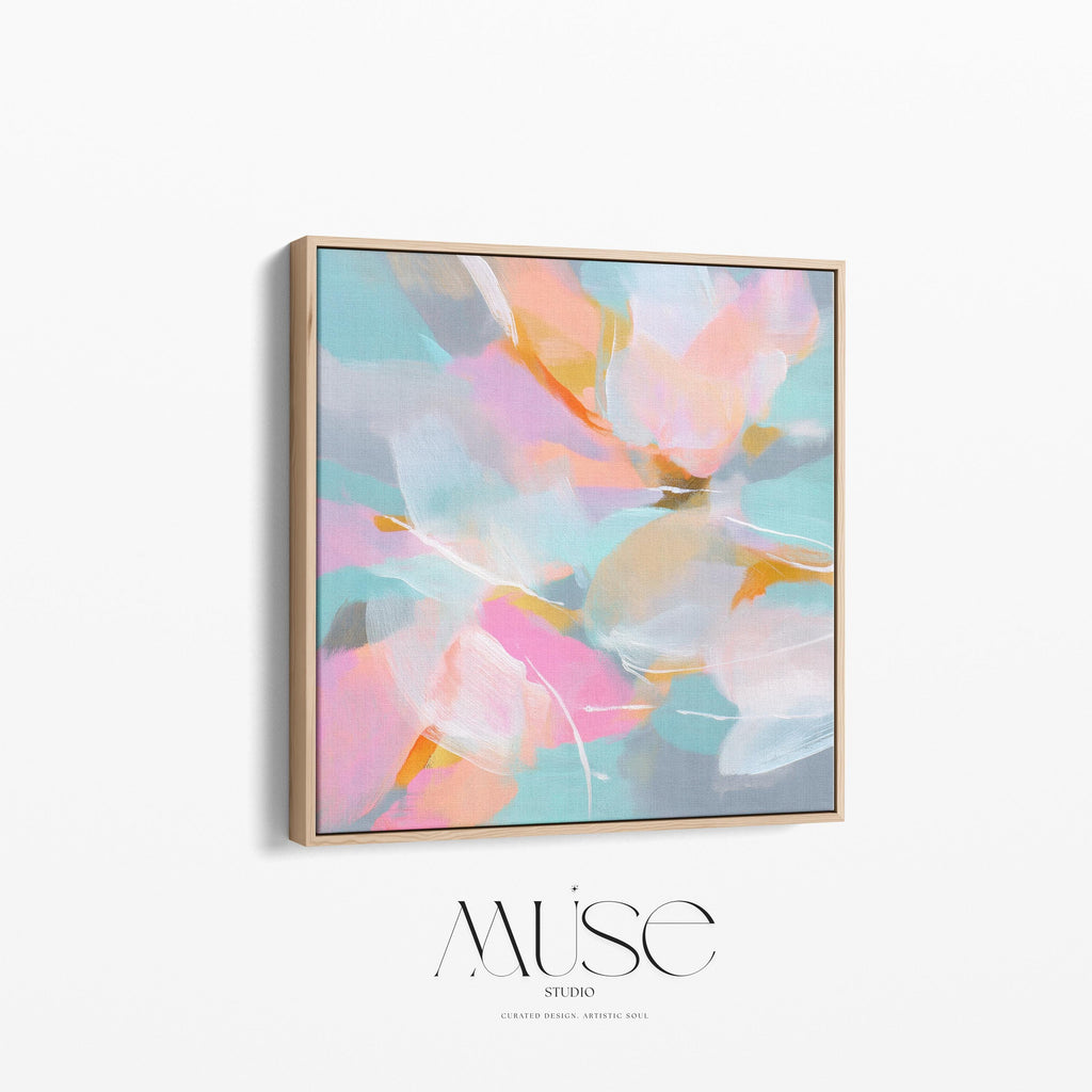 Petal Glory 1051 by Muse Studio large framed floral wall art featuring pink, coral, aqua, soft blue and golden ochre painterly petals printed with museum-grade giclée inks on premium gallery-wrapped canvas, framed in natural wood for Romantic Botanical bedrooms and colorful designer interiors.