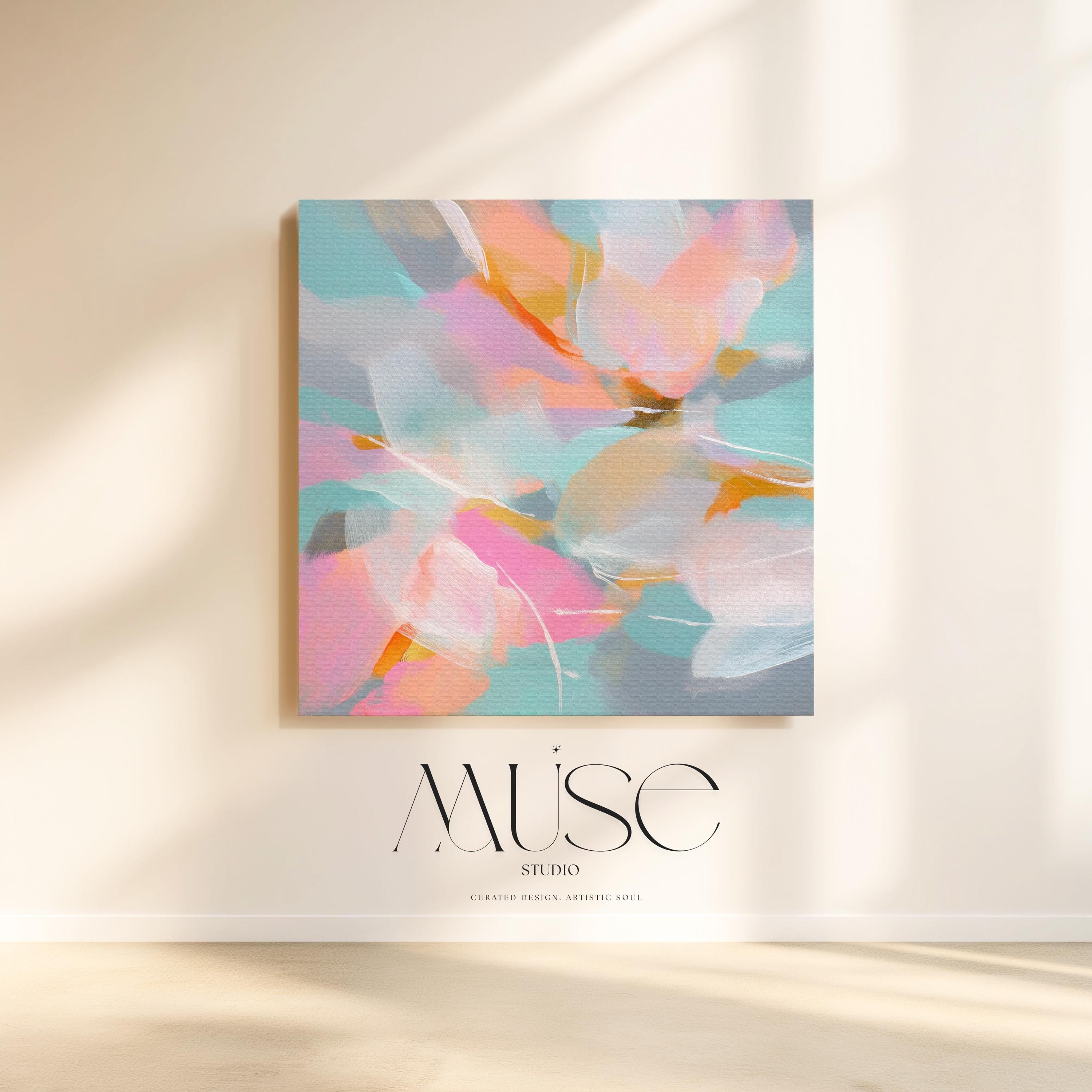 Petal Glory 1051 by Muse Studio large square floral canvas wall art with pink, coral, aqua and golden ochre abstract petals printed using museum-grade giclée inks on premium gallery-wrapped artist canvas for Romantic Botanical bedrooms and vibrant contemporary interiors.