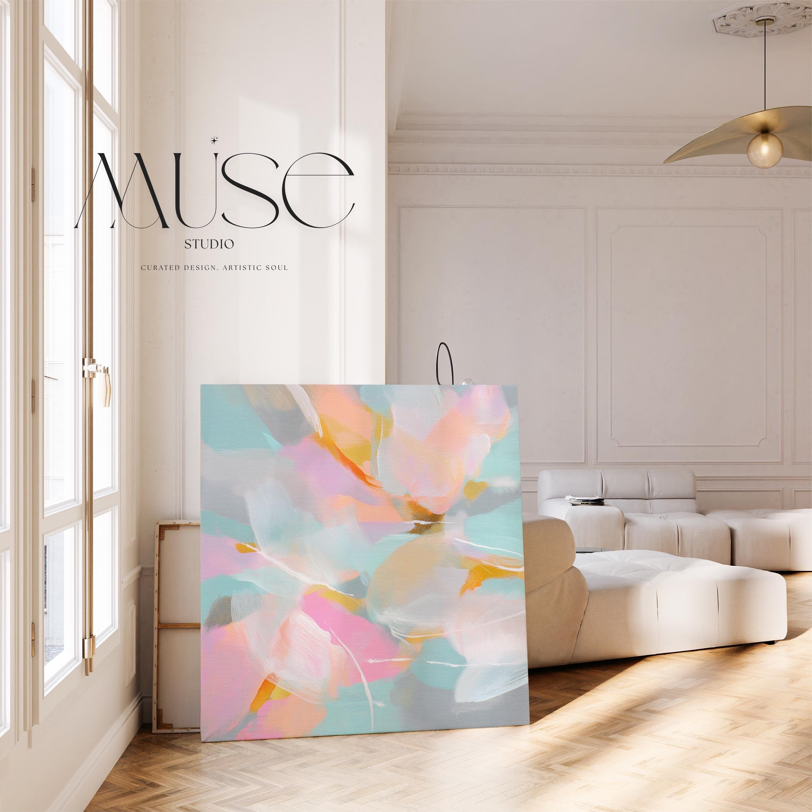 Petal Glory 1051 by Muse Studio large square floral canvas wall art with pink, coral, aqua and golden ochre abstract petals printed using museum-grade giclée inks on premium gallery-wrapped artist canvas for Romantic Botanical bedrooms and vibrant contemporary interiors.