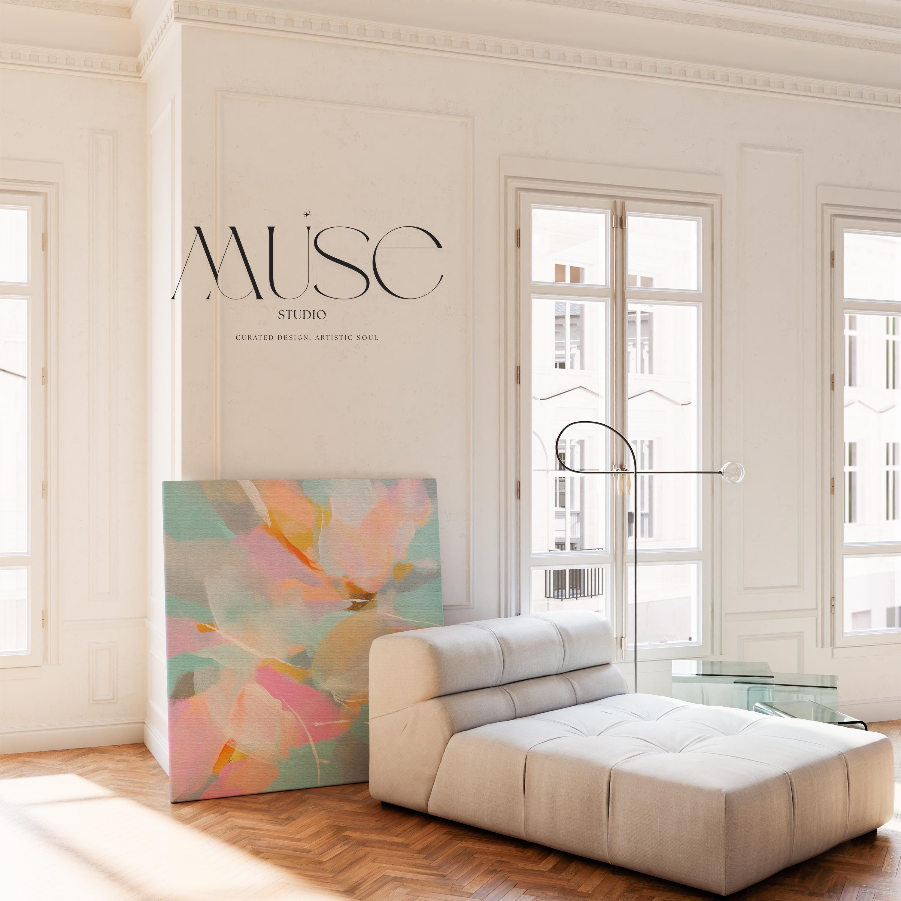Petal Glory 1051 by Muse Studio large square floral canvas wall art with pink, coral, aqua and golden ochre abstract petals printed using museum-grade giclée inks on premium gallery-wrapped artist canvas for Romantic Botanical bedrooms and vibrant contemporary interiors.