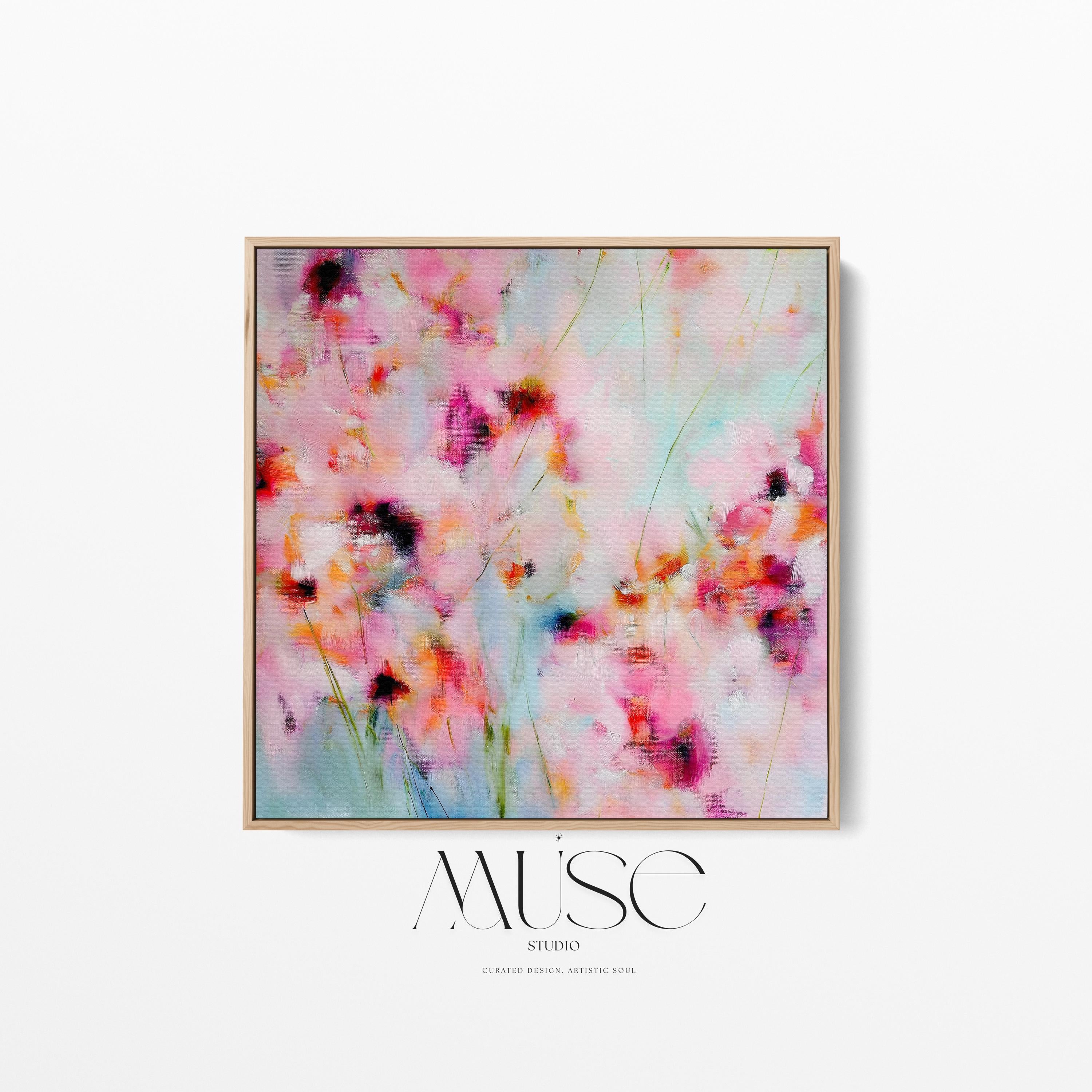 Wildflower Haze 1056 by Muse Studio large framed floral wall art featuring pink, coral, magenta and soft aqua painterly wildflowers printed with museum-grade giclée inks on premium gallery-wrapped canvas, framed in natural wood for Romantic Botanical bedrooms and soft contemporary interiors.