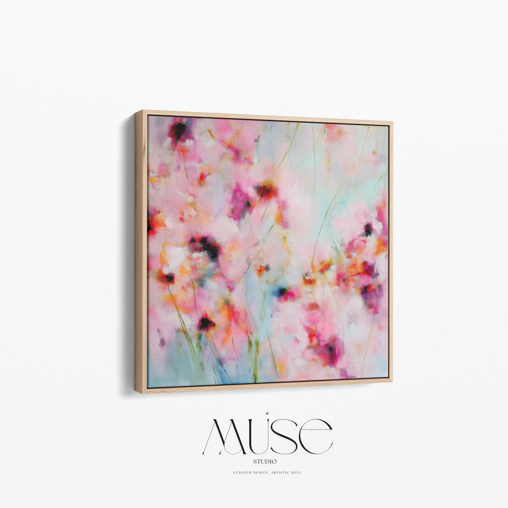 Wildflower Haze 1056 by Muse Studio large framed floral wall art featuring pink, coral, magenta and soft aqua painterly wildflowers printed with museum-grade giclée inks on premium gallery-wrapped canvas, framed in natural wood for Romantic Botanical bedrooms and soft contemporary interiors.