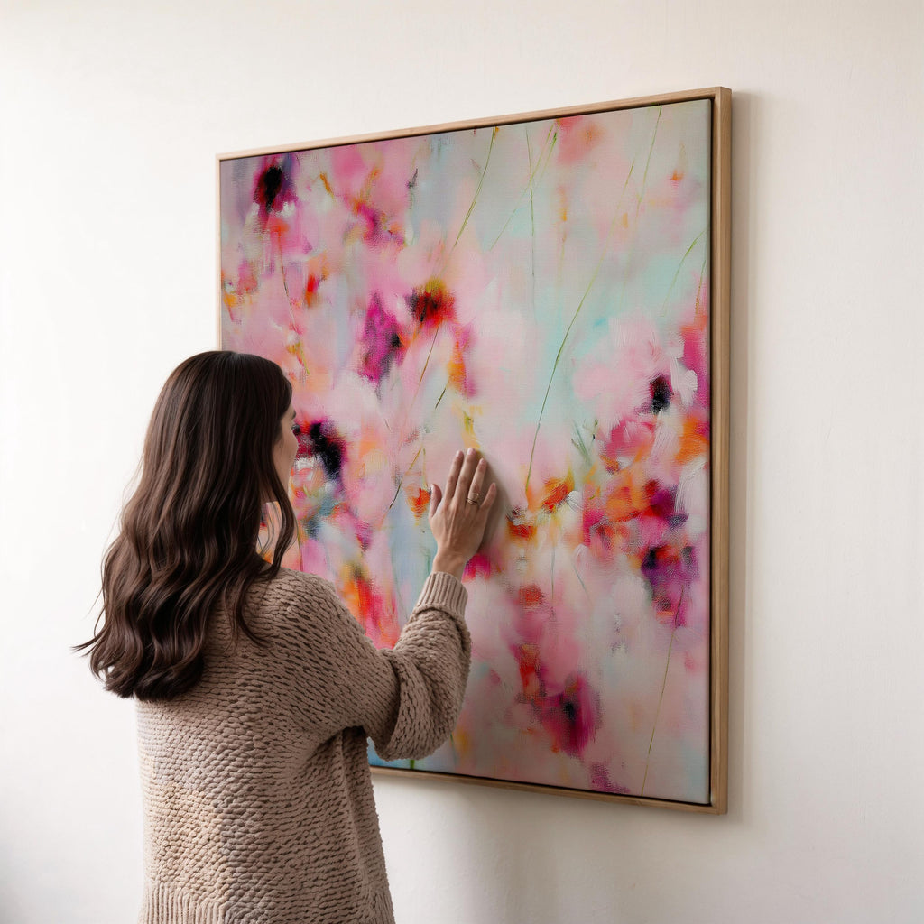 Wildflower Haze 1056 by Muse Studio large framed floral wall art featuring pink, coral, magenta and soft aqua painterly wildflowers printed with museum-grade giclée inks on premium gallery-wrapped canvas, framed in natural wood for Romantic Botanical bedrooms and soft contemporary interiors.