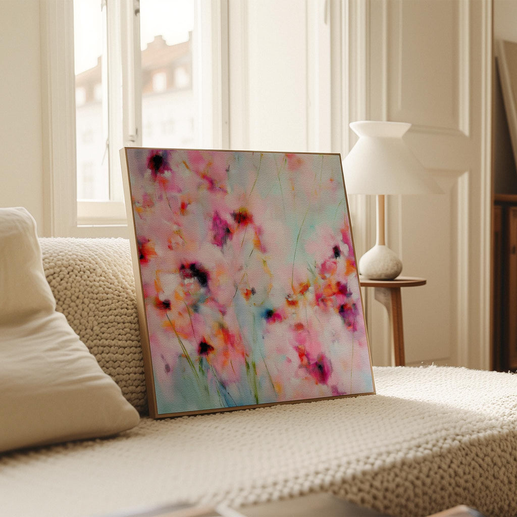 Wildflower Haze 1056 by Muse Studio large square floral canvas wall art featuring pink, coral and soft aqua abstract wildflowers printed with museum-grade giclée inks on premium gallery-wrapped artist canvas for Romantic Botanical bedrooms and colorful designer interiors.