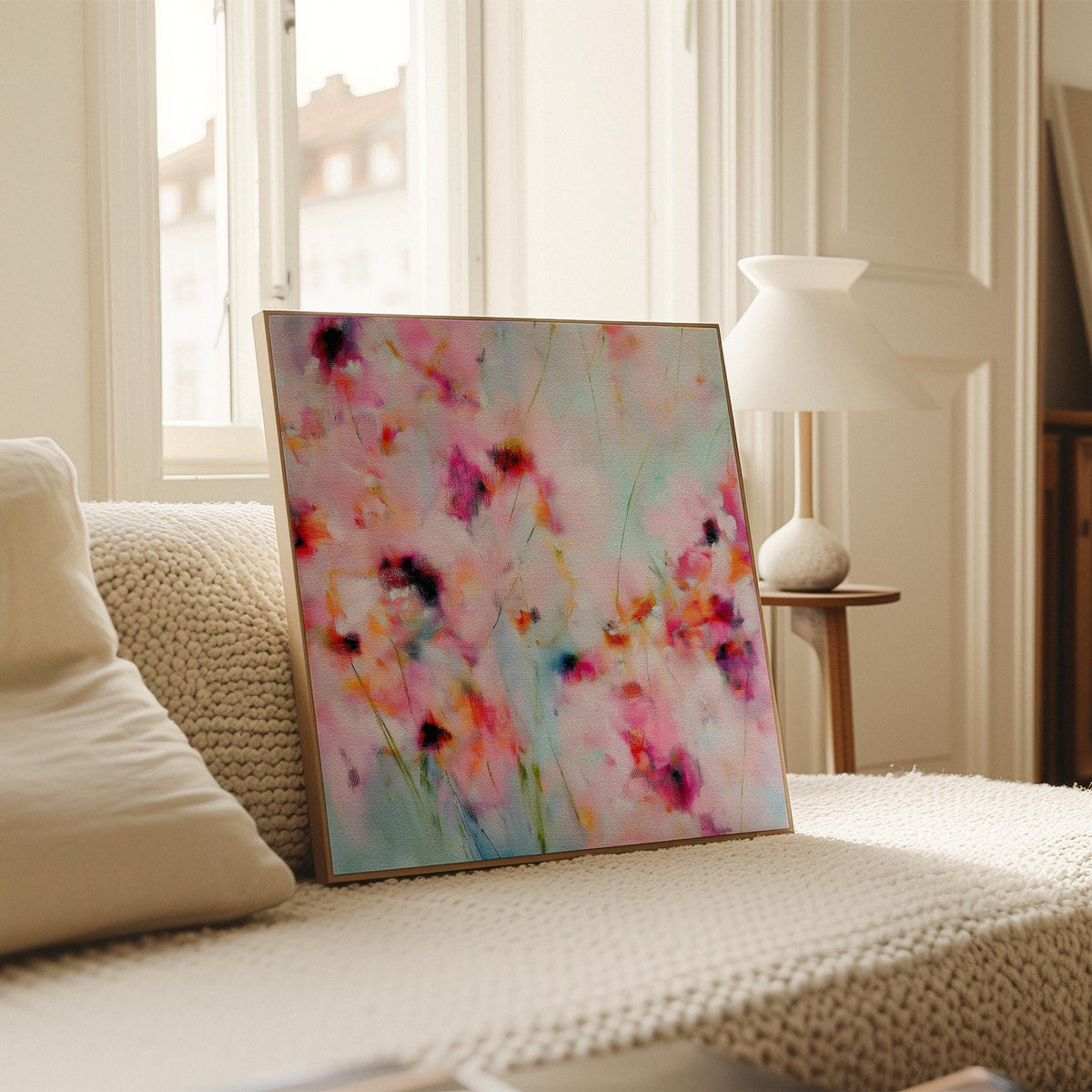 Wildflower Haze 1056 by Muse Studio large square floral canvas wall art featuring pink, coral and soft aqua abstract wildflowers printed with museum-grade giclée inks on premium gallery-wrapped artist canvas for Romantic Botanical bedrooms and colorful designer interiors.