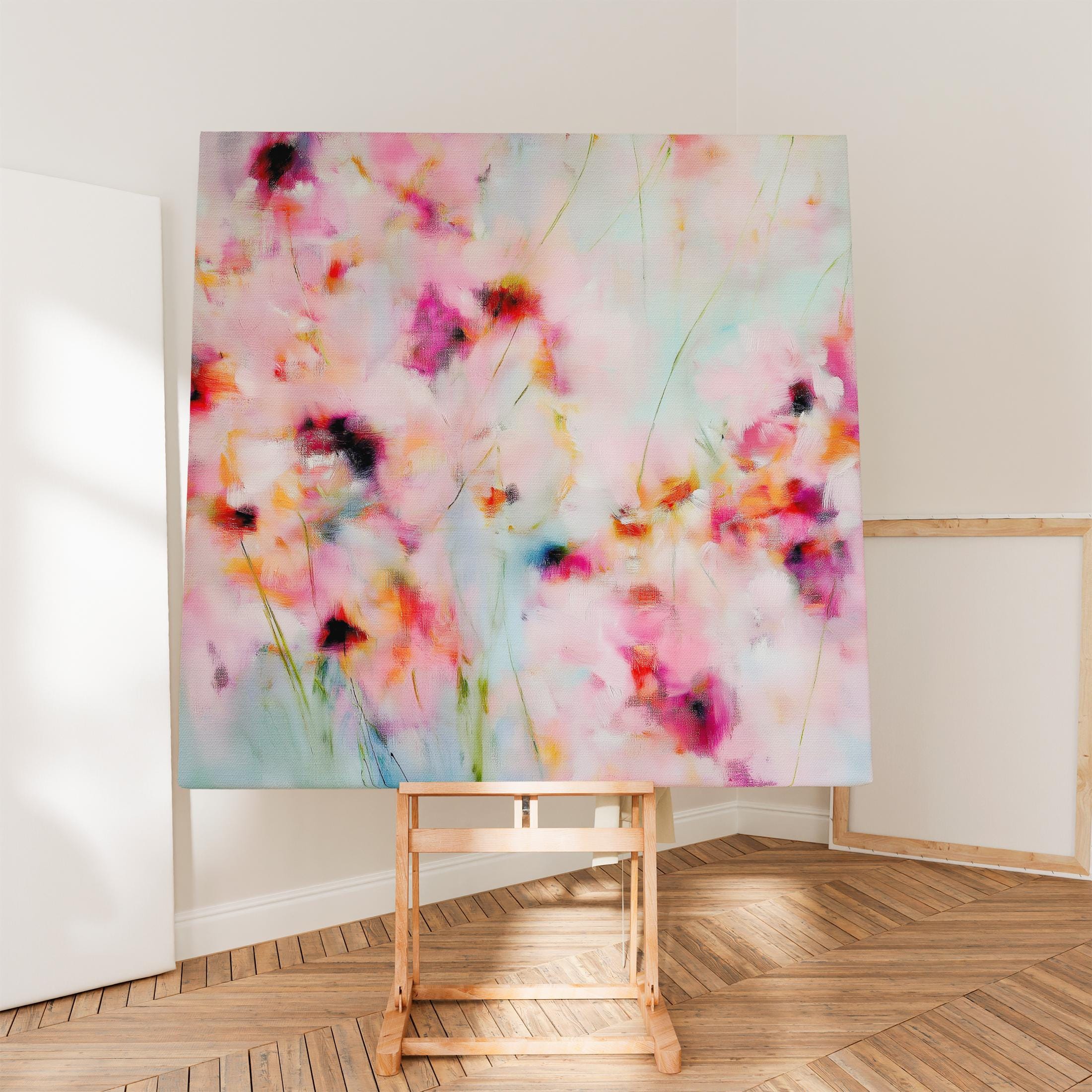 Wildflower Haze 1056 by Muse Studio large square floral canvas wall art featuring pink, coral and soft aqua abstract wildflowers printed with museum-grade giclée inks on premium gallery-wrapped artist canvas for Romantic Botanical bedrooms and colorful designer interiors.